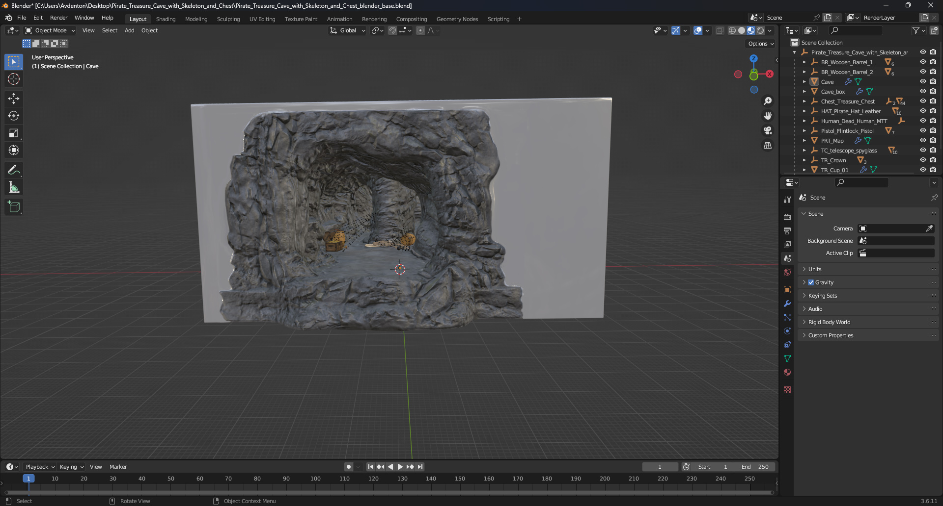 Pirate Treasure Cave with Skeleton and Chest 3D model