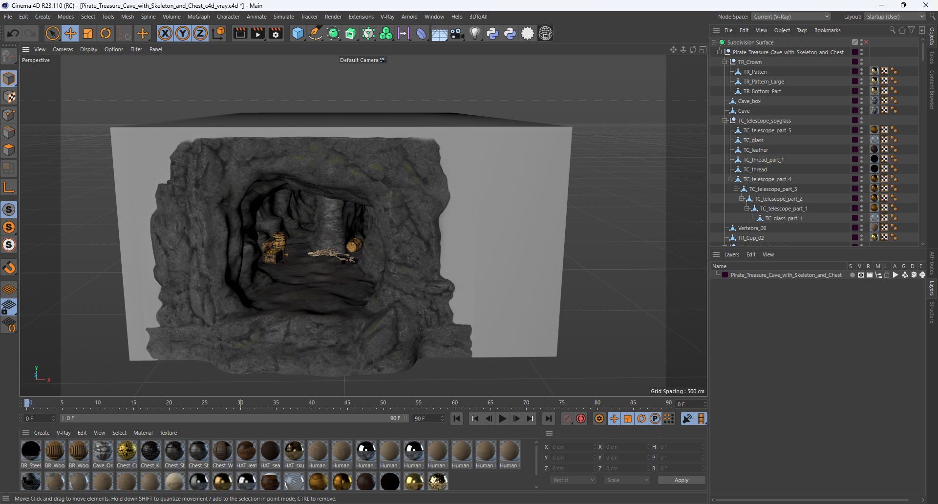 Pirate Treasure Cave with Skeleton and Chest 3D model