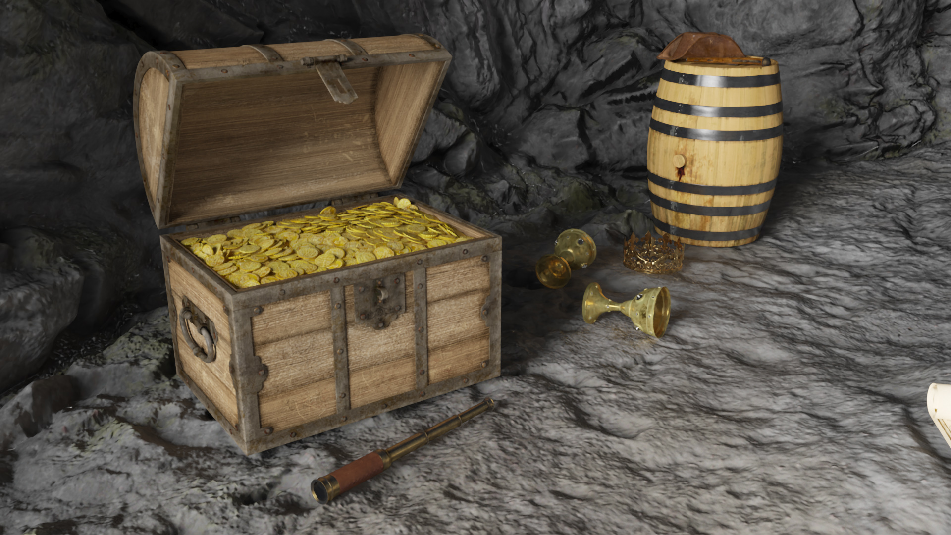 Pirate Treasure Cave with Skeleton and Chest 3D model
