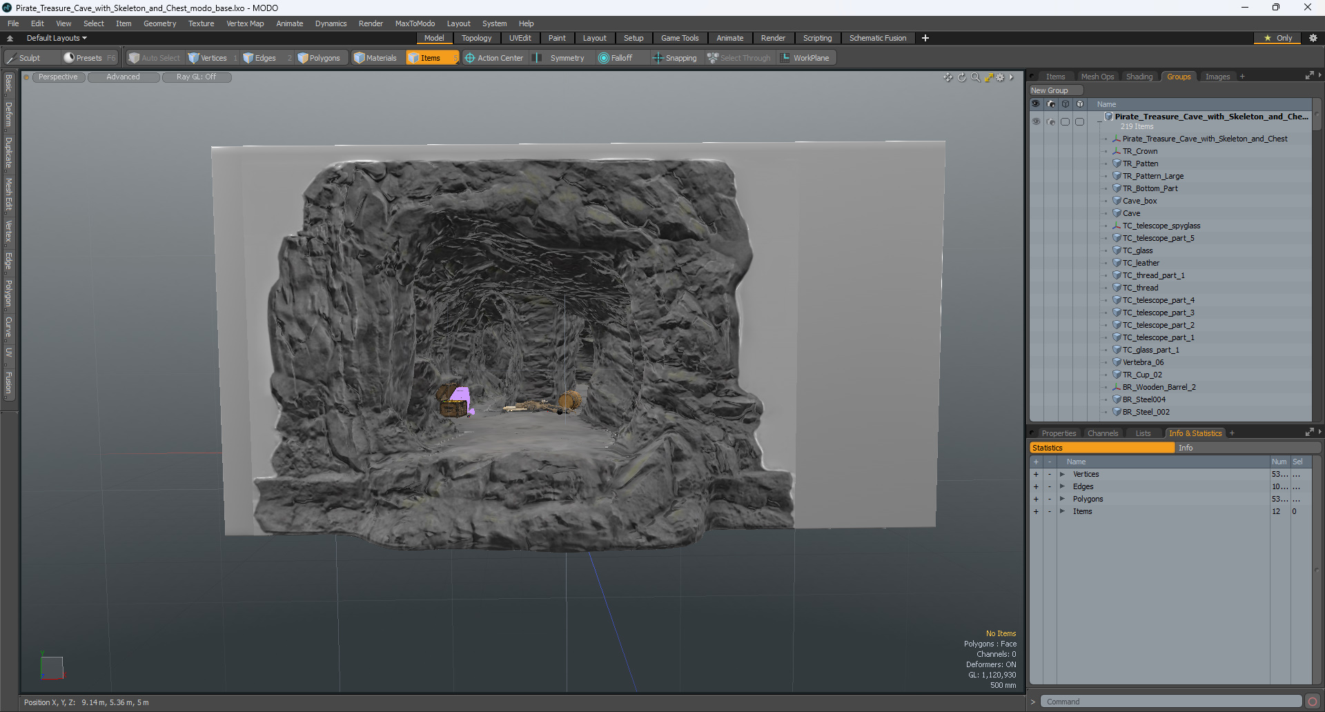 Pirate Treasure Cave with Skeleton and Chest 3D model