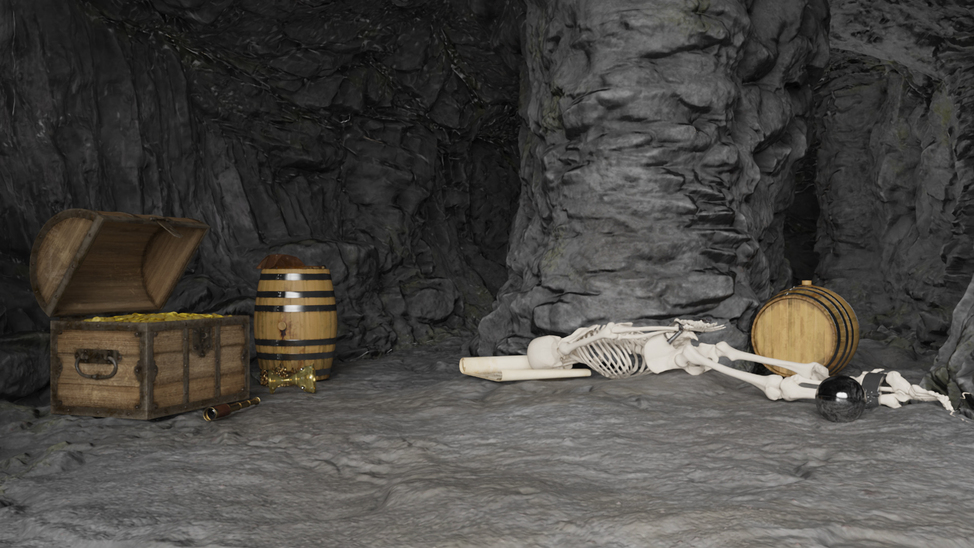 Pirate Treasure Cave with Skeleton and Chest 3D model