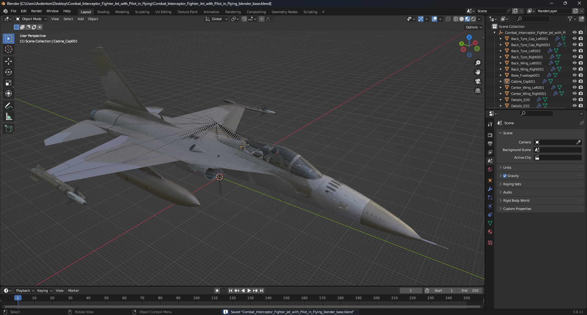 3D Combat Interceptor Fighter Jet with Pilot Flying model