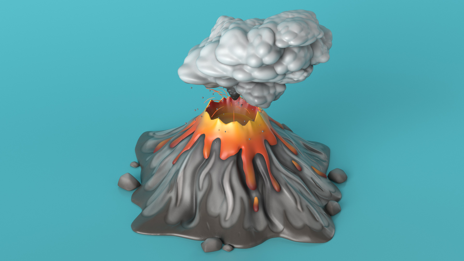 3D model Gray Stylized Erupting Volcano with Lava and Smoke
