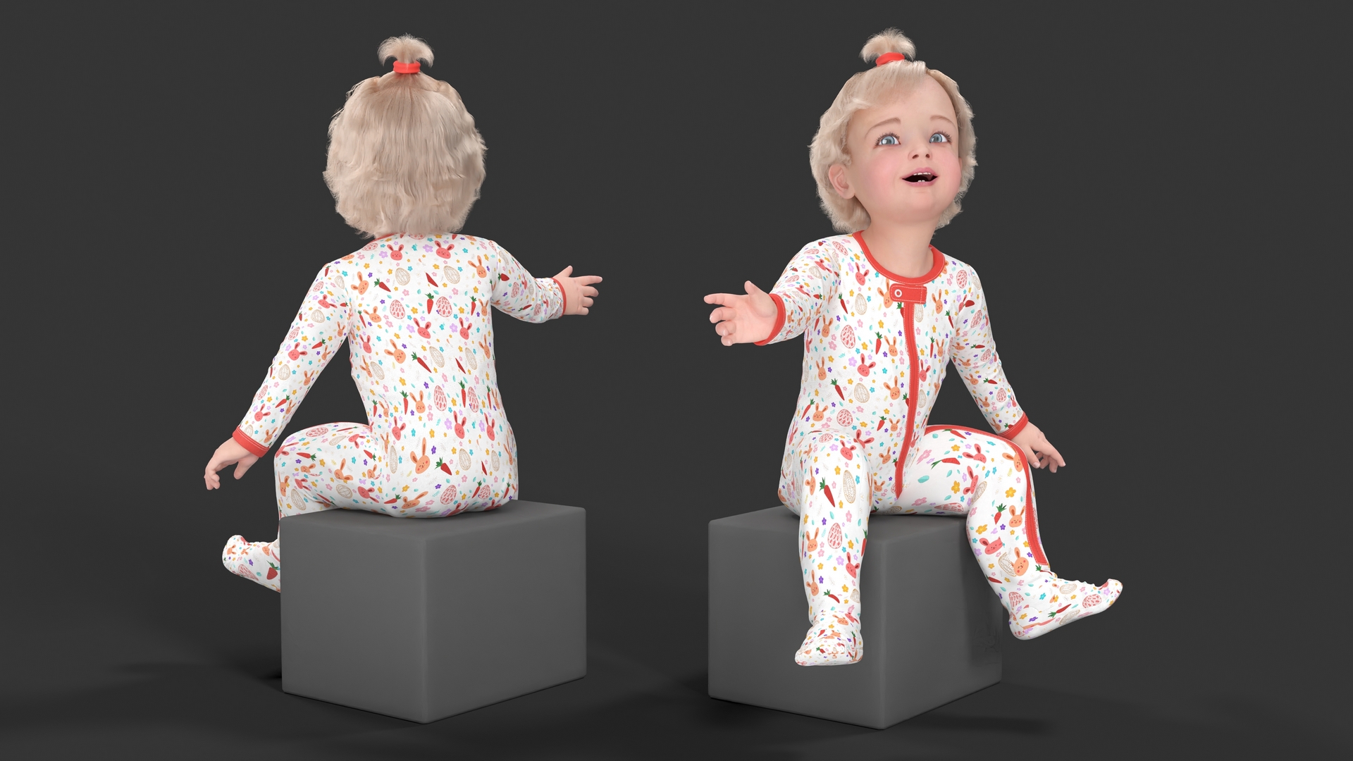 3D Baby Girl Wearing Full Bodysuit Sitting Fur model