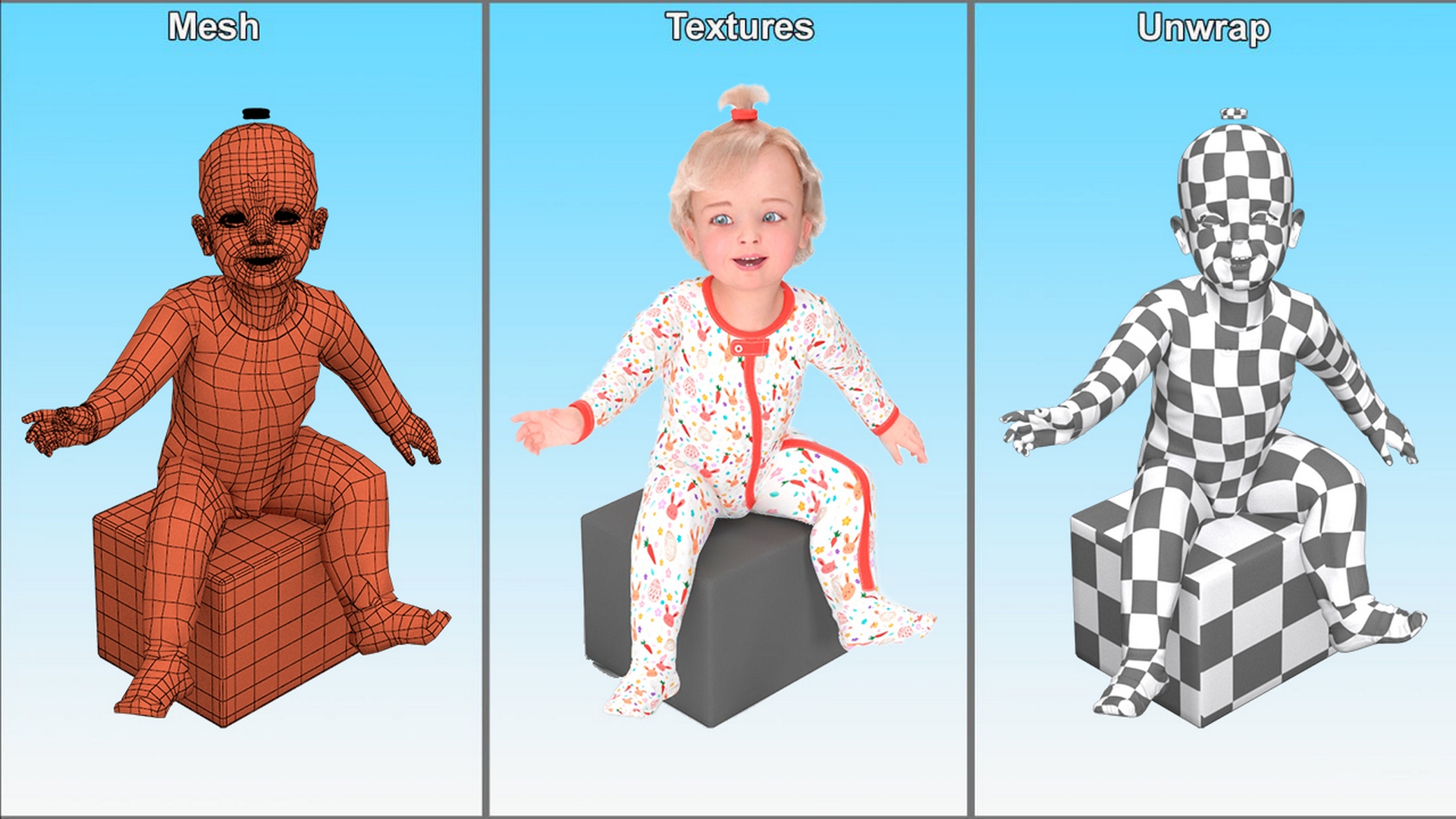3D Baby Girl Wearing Full Bodysuit Sitting Fur model