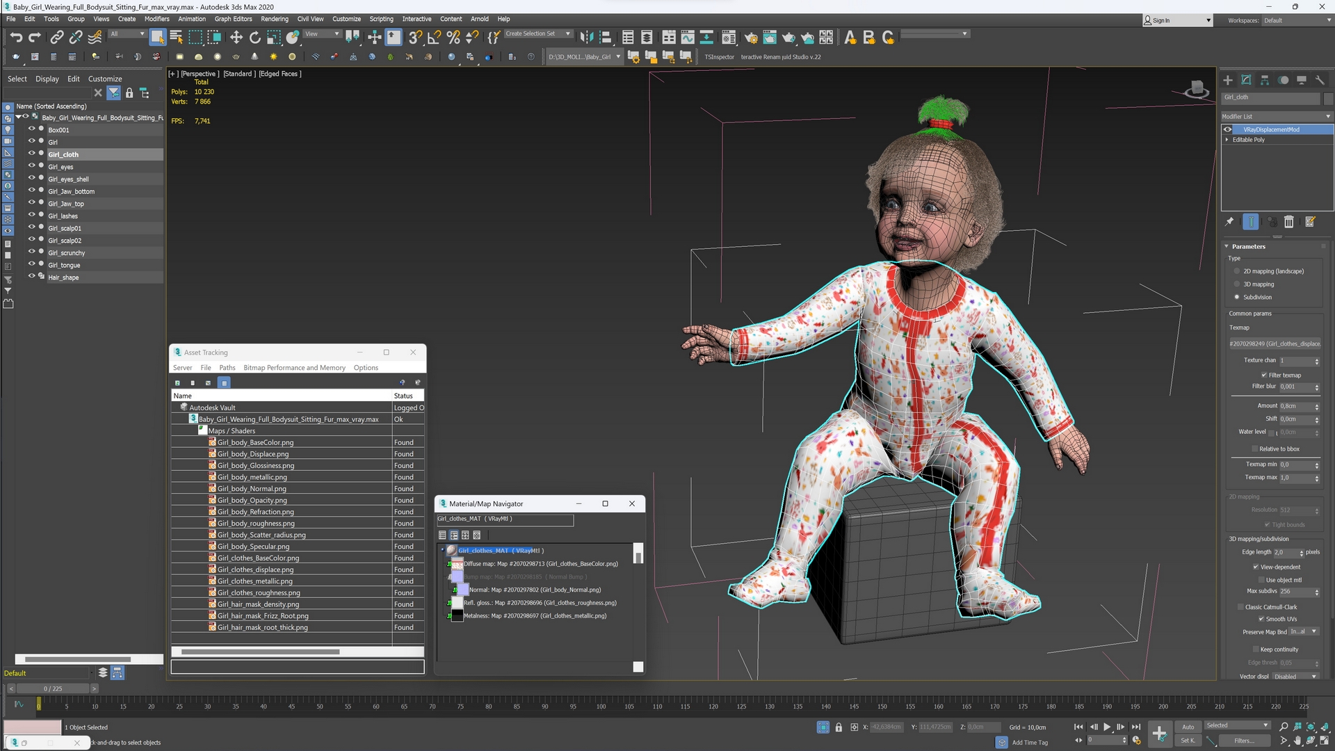 3D Baby Girl Wearing Full Bodysuit Sitting Fur model