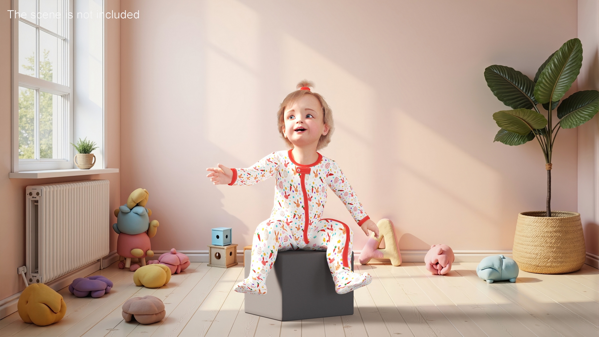 3D Baby Girl Wearing Full Bodysuit Sitting Fur model