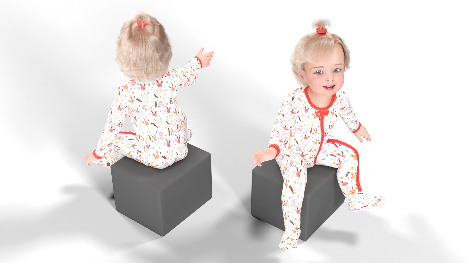 3D Baby Girl Wearing Full Bodysuit Sitting Fur model