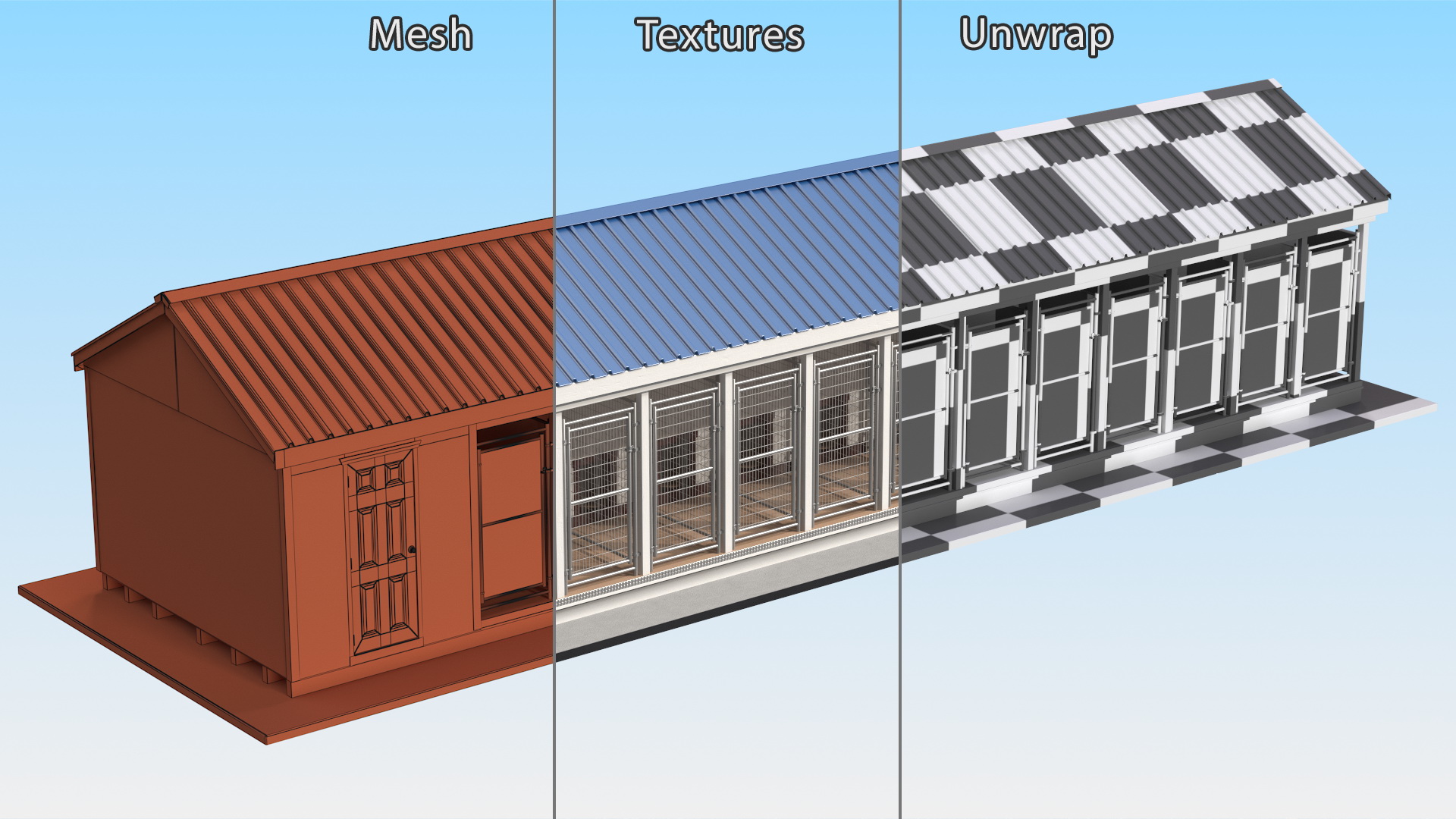 3D Commercial Dog Kennel 12-box Blue Roof model