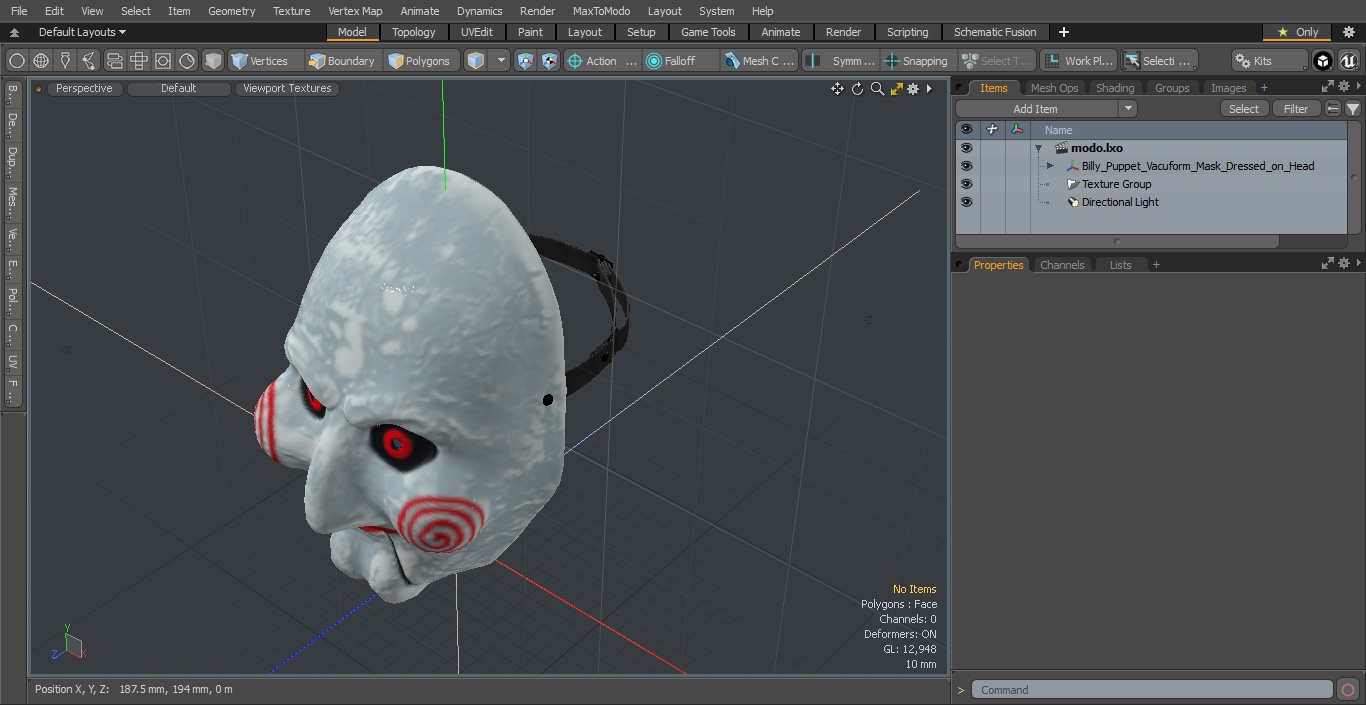 Billy Puppet Vacuform Mask Dressed on Head 3D