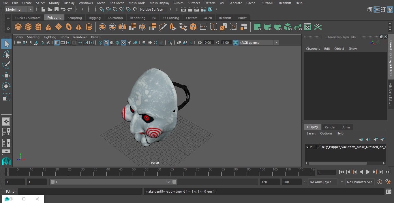 Billy Puppet Vacuform Mask Dressed on Head 3D