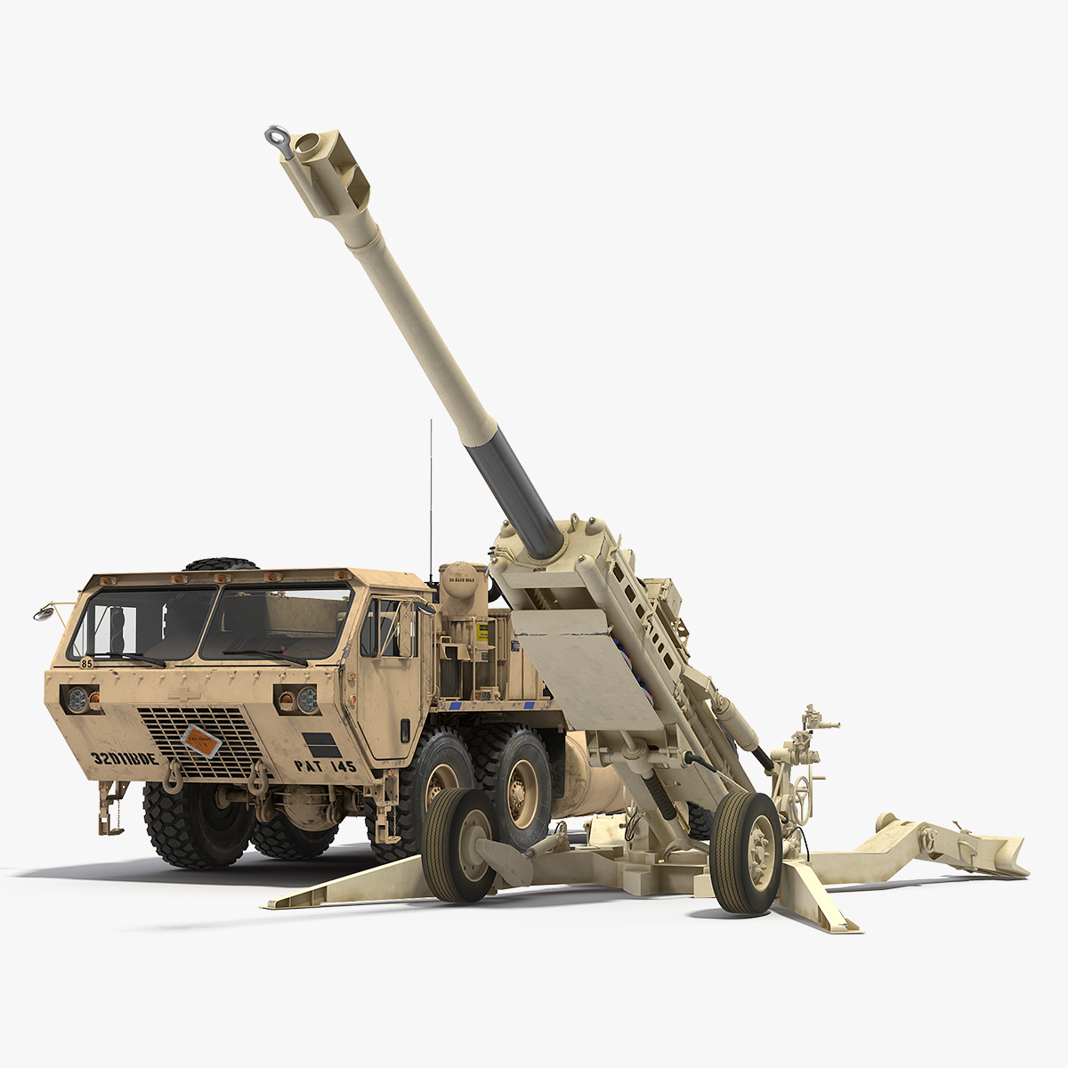 Desert Oshkosh HEMTT Towing M777 Howitzer Rigged 3D Model, view 4