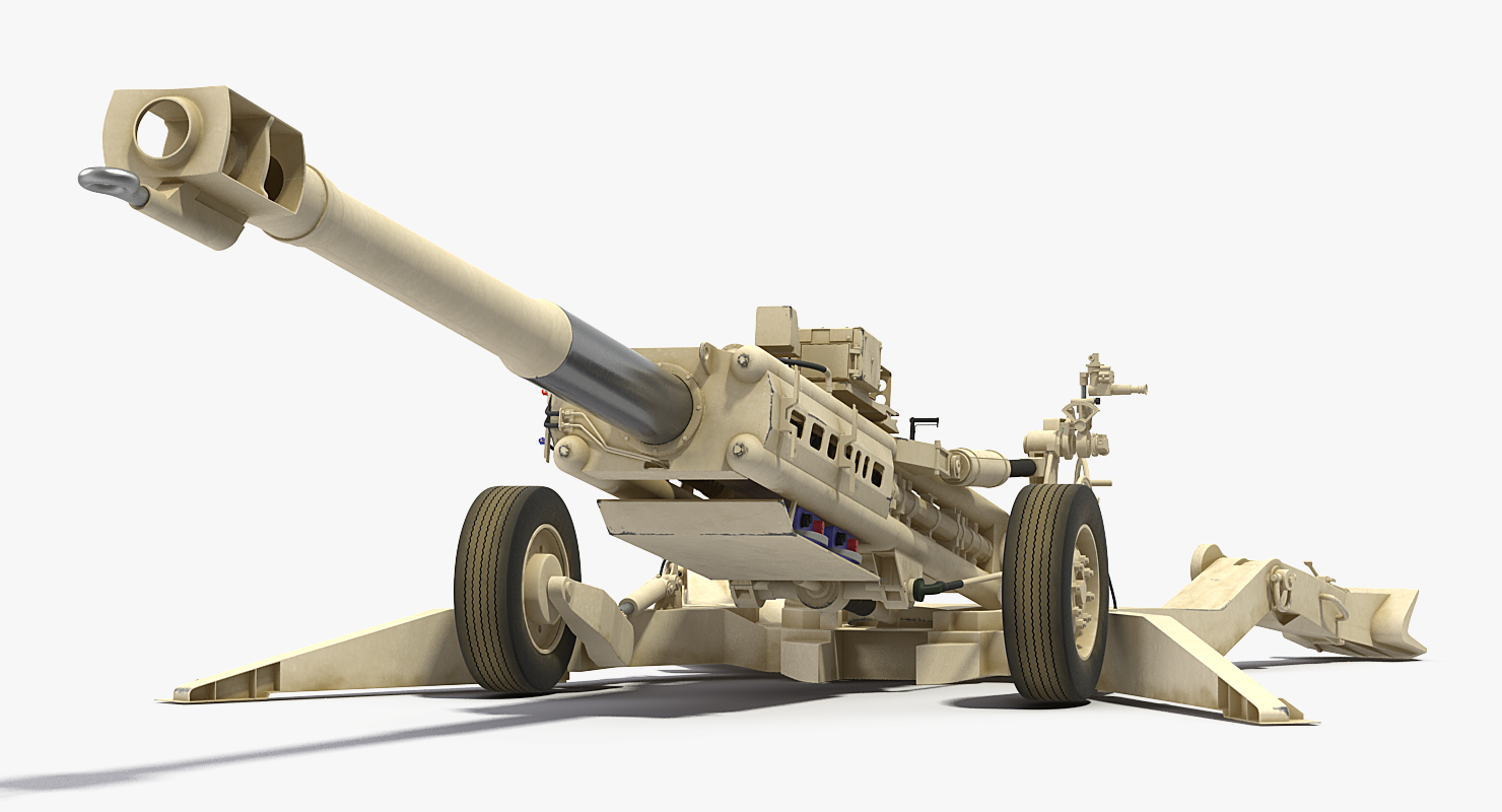 3D Desert Oshkosh HEMTT Towing M777 Howitzer Rigged model