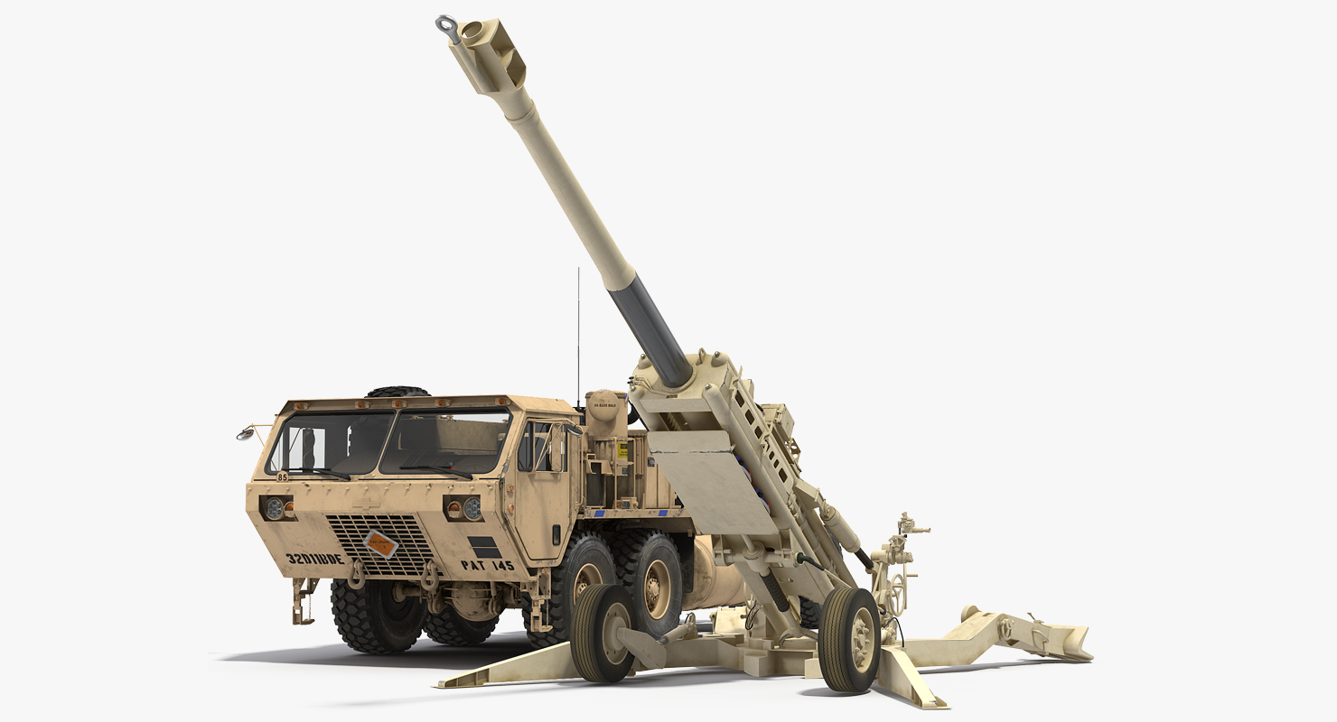 3D Desert Oshkosh HEMTT Towing M777 Howitzer Rigged model