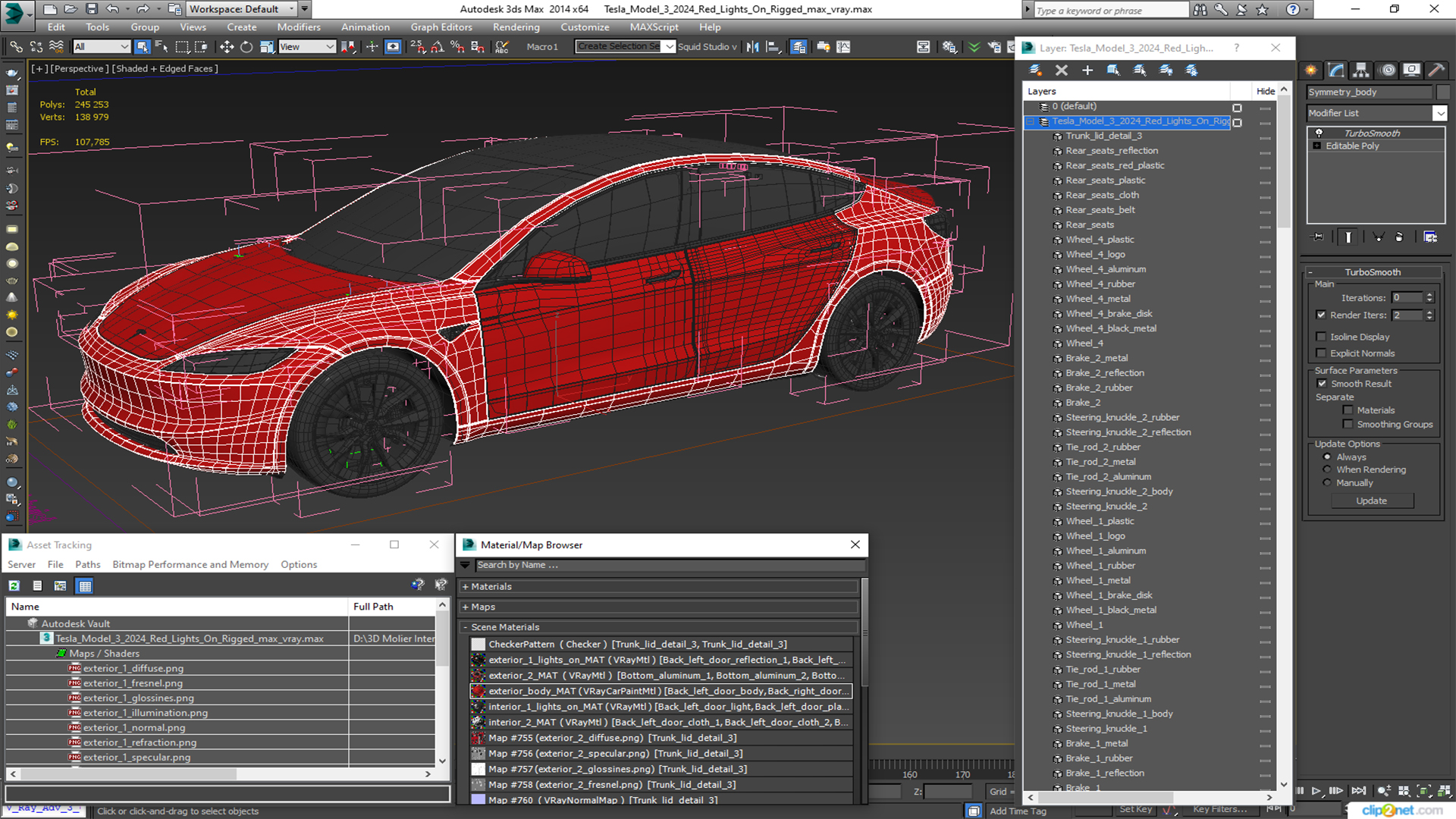 3D Tesla Model 3 2024 Red Lights On Rigged for Maya model