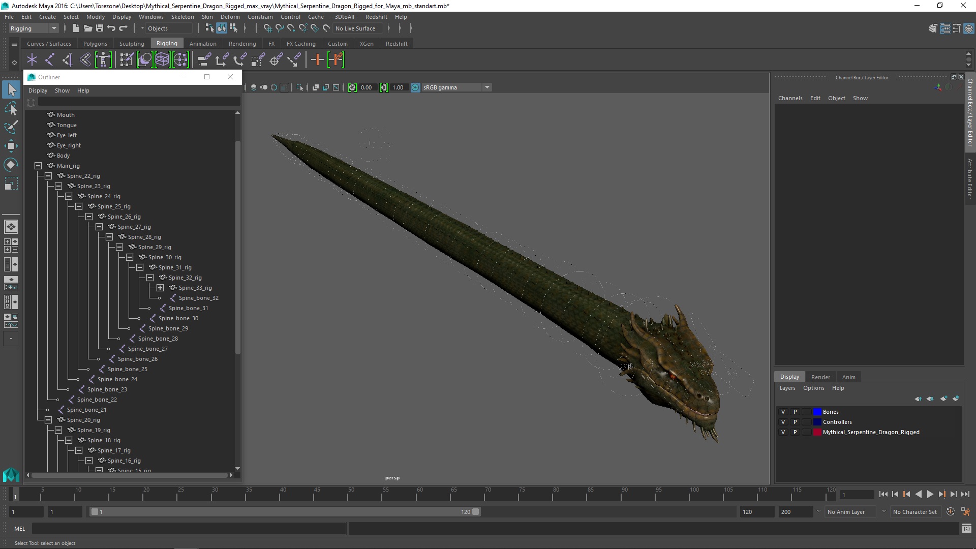 Mythical Serpentine Dragon Rigged for Maya 3D
