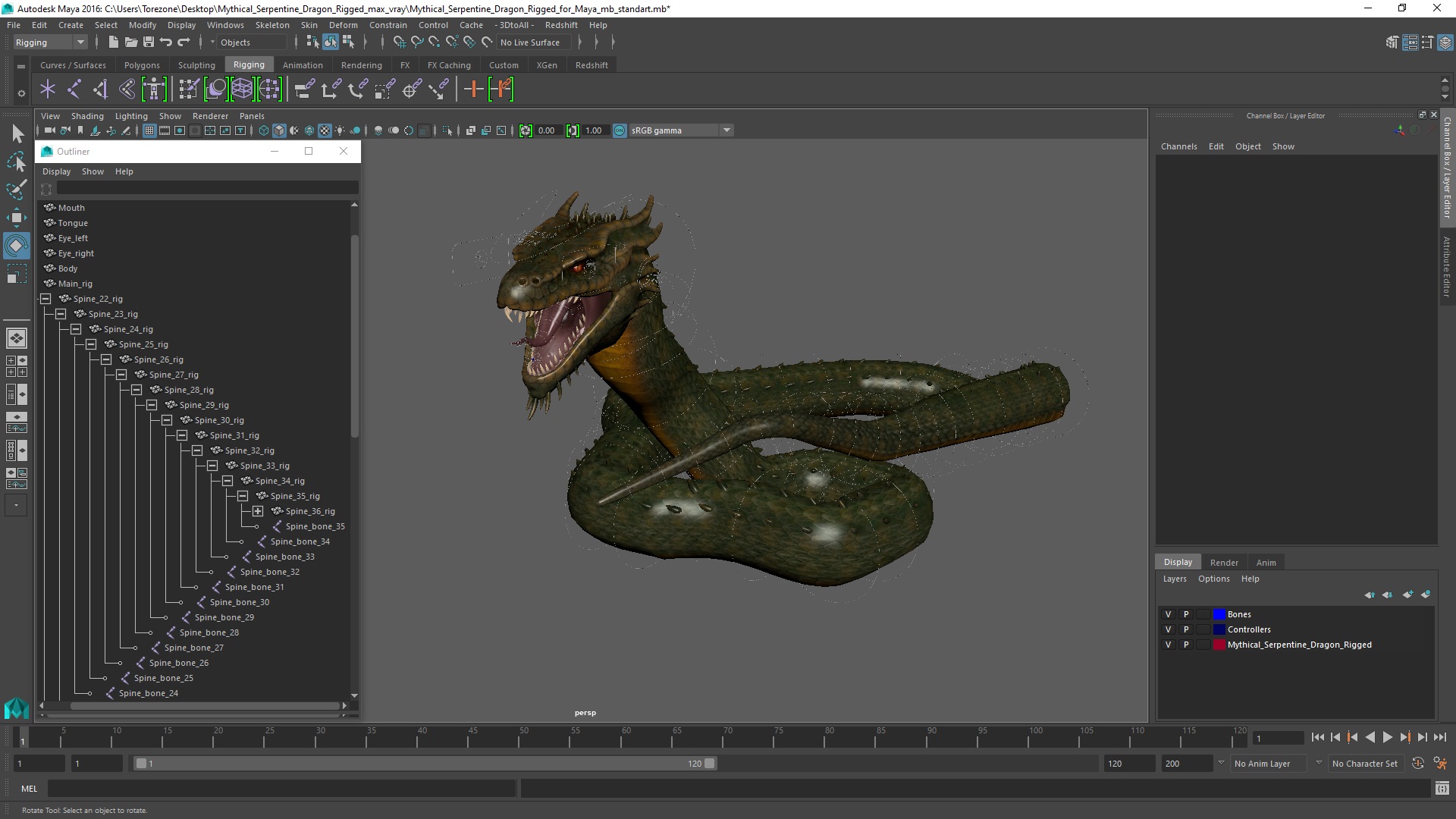 Mythical Serpentine Dragon Rigged for Maya 3D