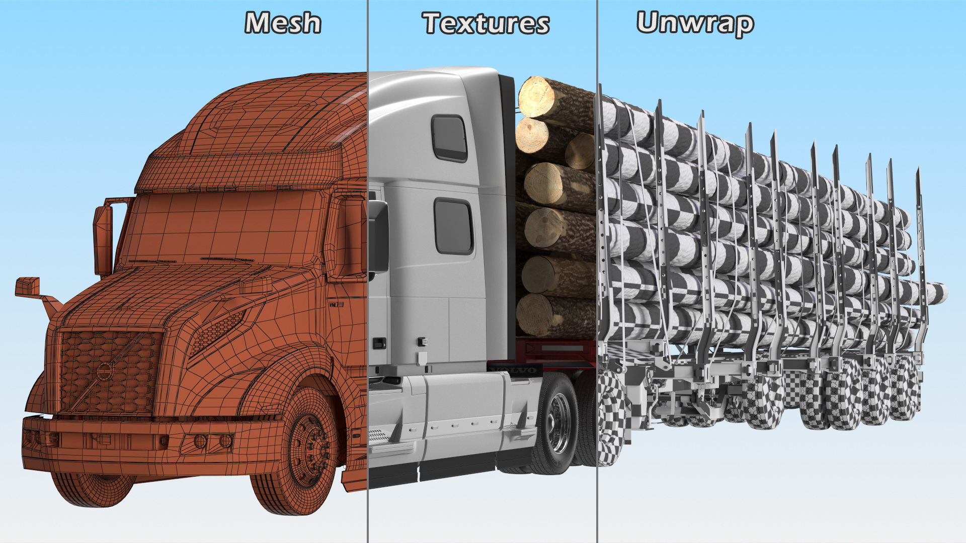 3D model Volvo VNL 860 Truck with Logging Trailer