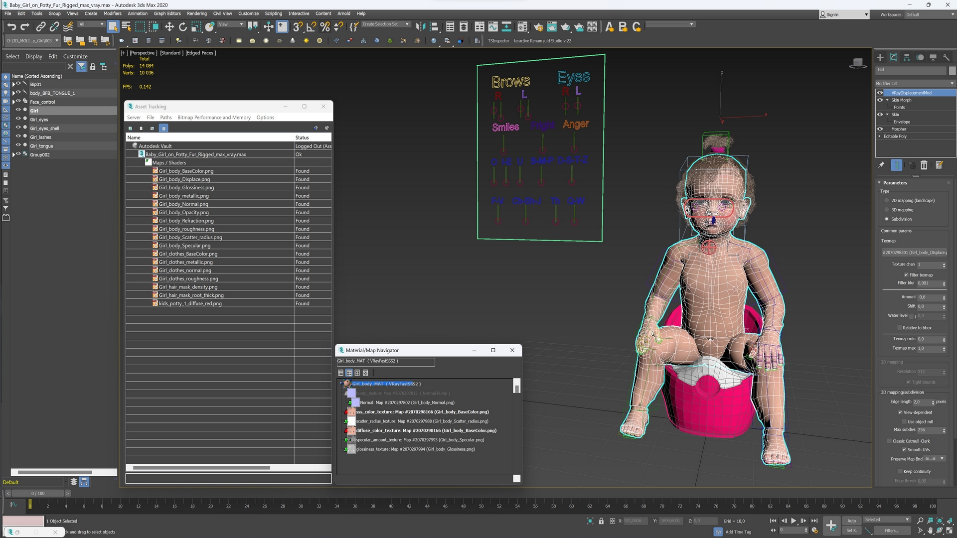 Baby Girl on Potty Fur Rigged 3D model
