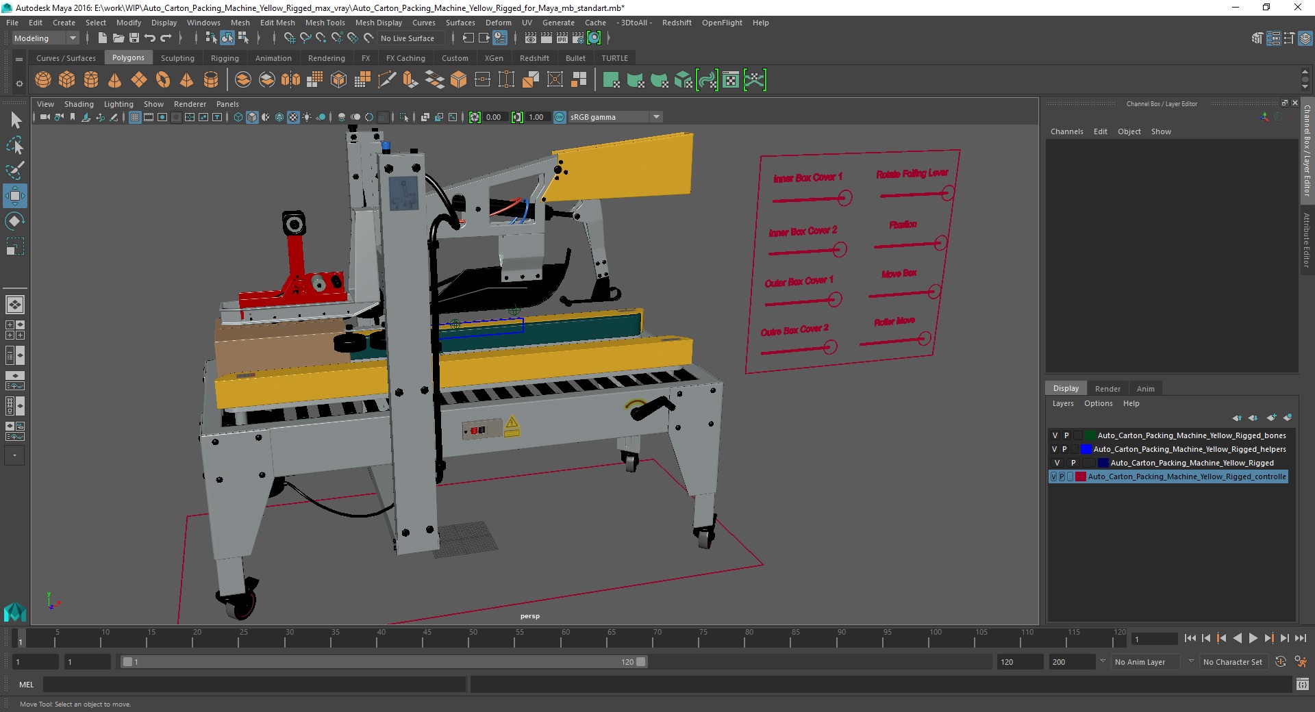 3D model Auto Carton Packing Machine Yellow Rigged for Maya