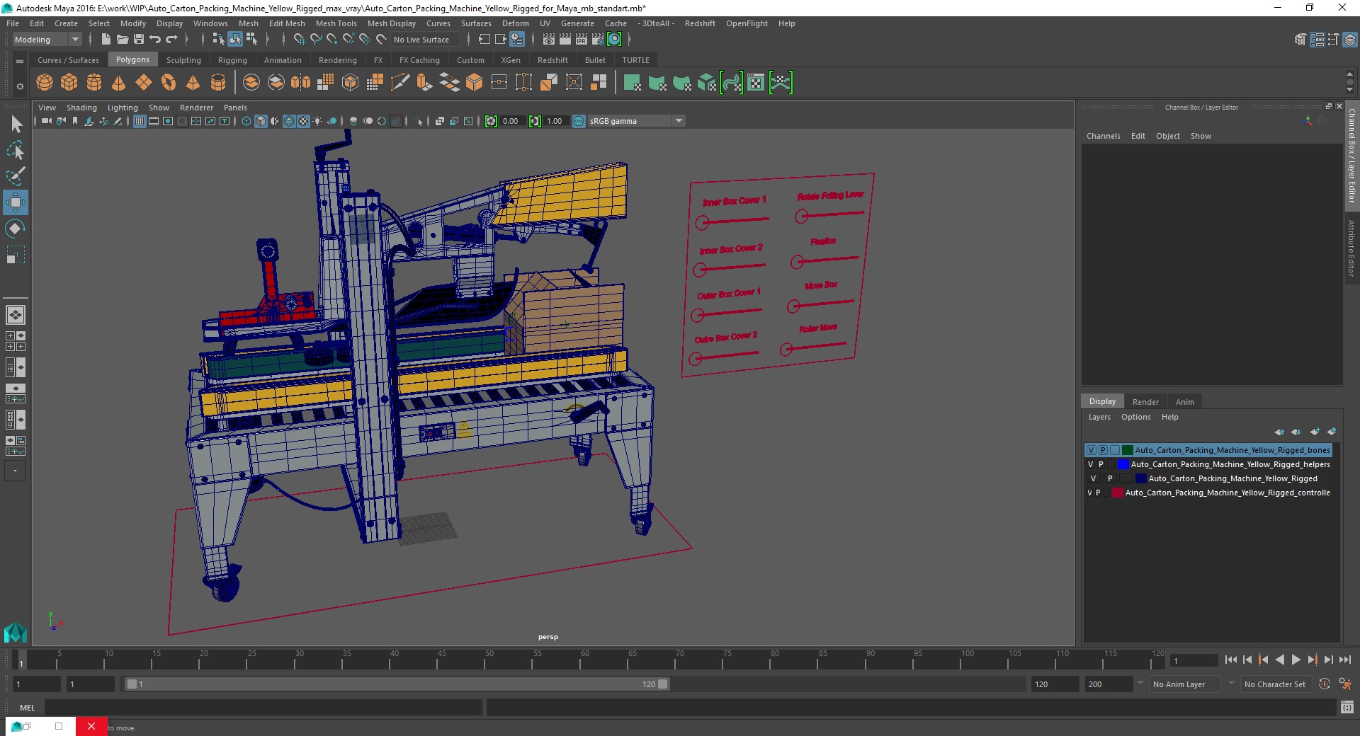 3D model Auto Carton Packing Machine Yellow Rigged for Maya