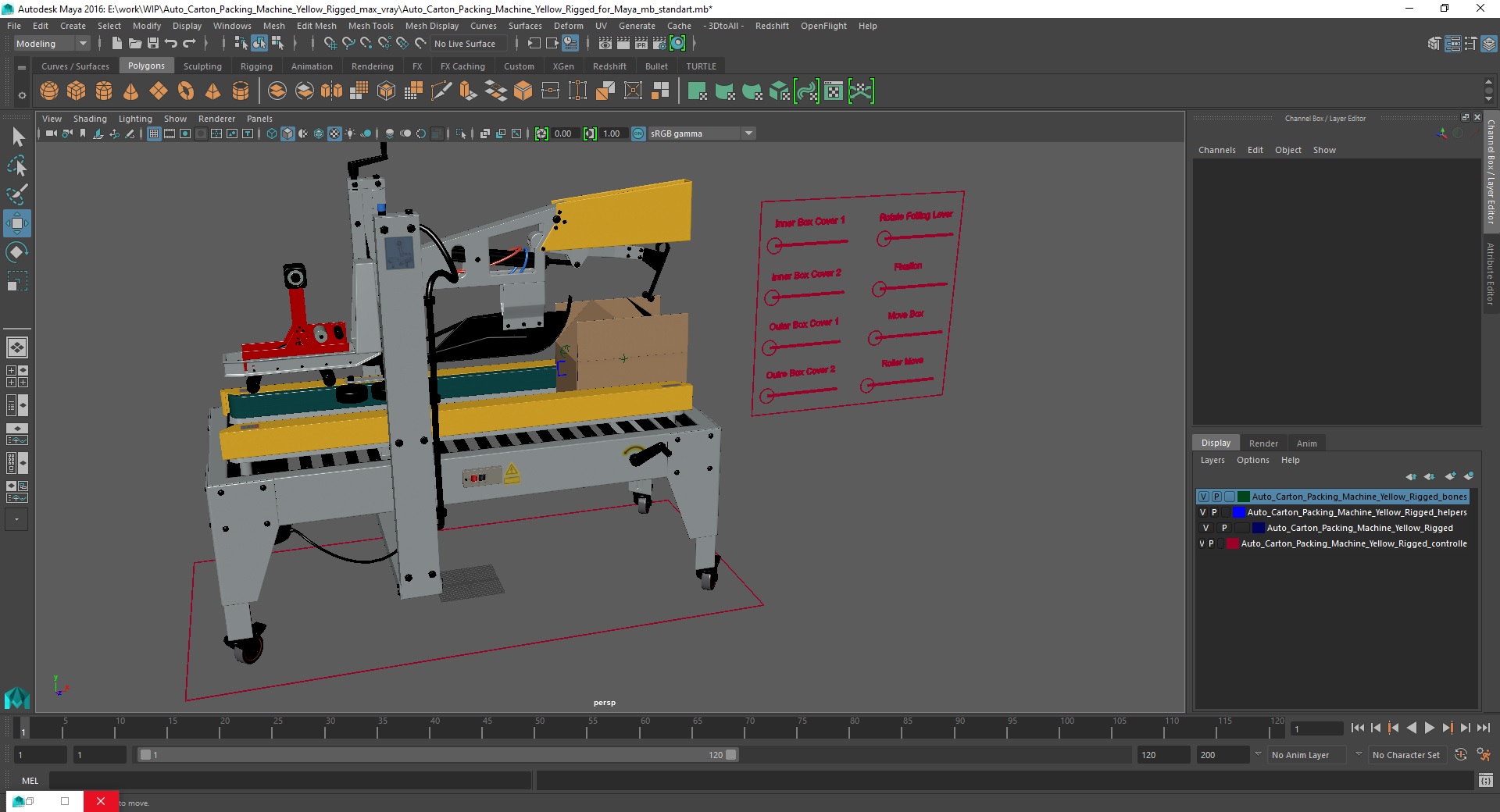 3D model Auto Carton Packing Machine Yellow Rigged for Maya