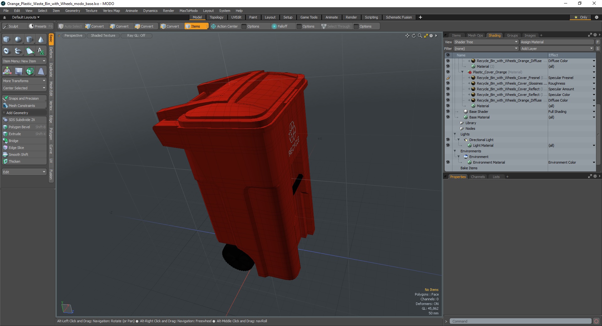 3D Orange Plastic Waste Bin with Wheels