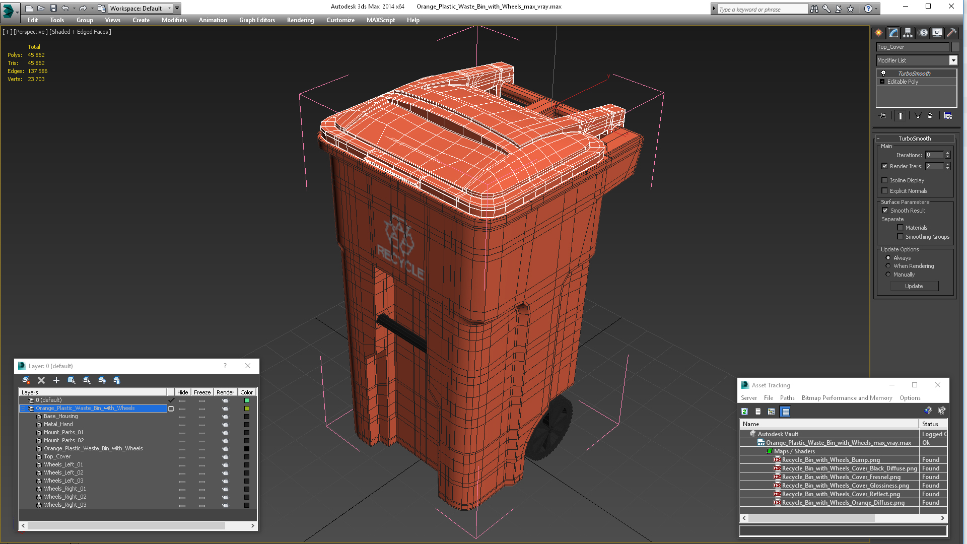 3D Orange Plastic Waste Bin with Wheels
