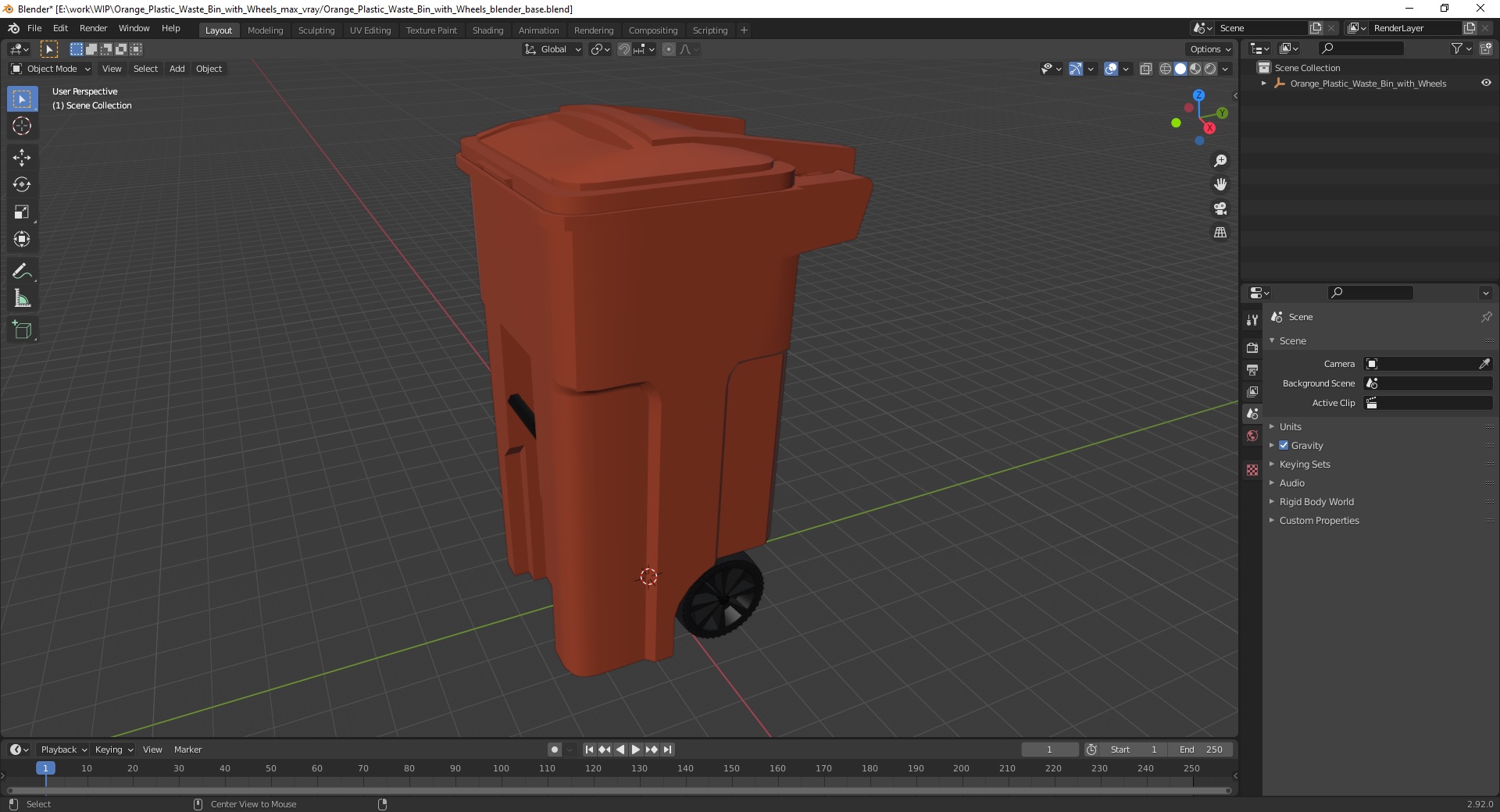 3D Orange Plastic Waste Bin with Wheels