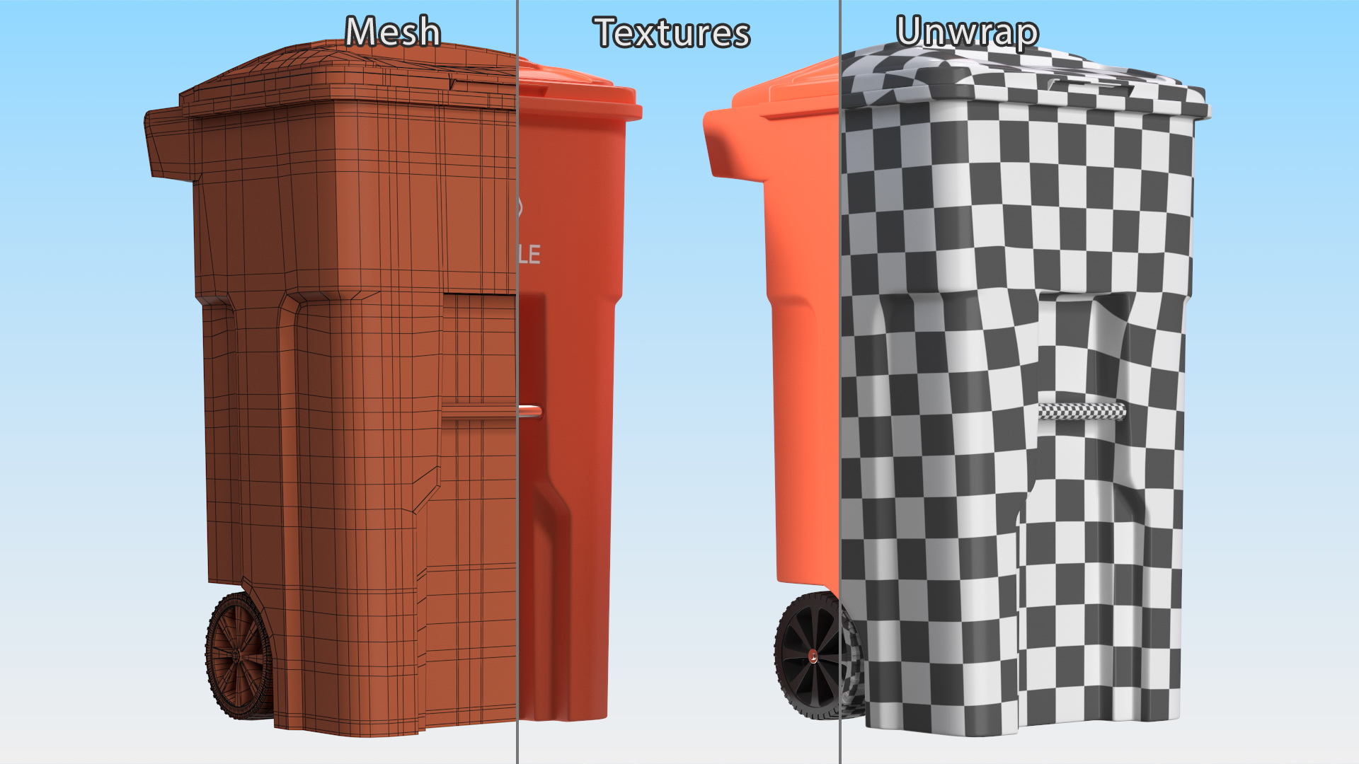 3D Orange Plastic Waste Bin with Wheels