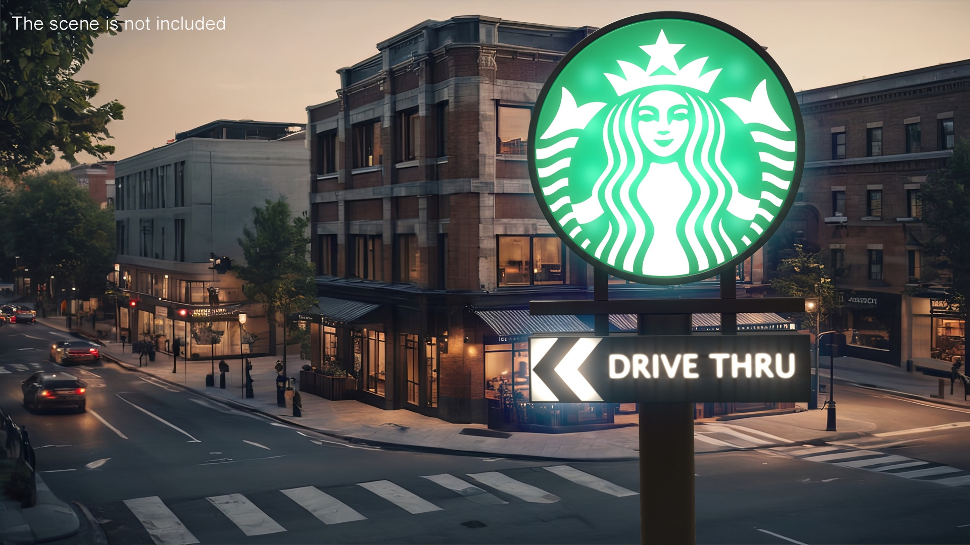 Tall Starbucks Drive Thru Signage Light On 3D