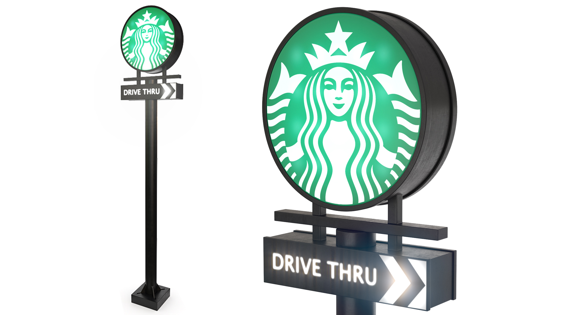 Tall Starbucks Drive Thru Signage Light On 3D