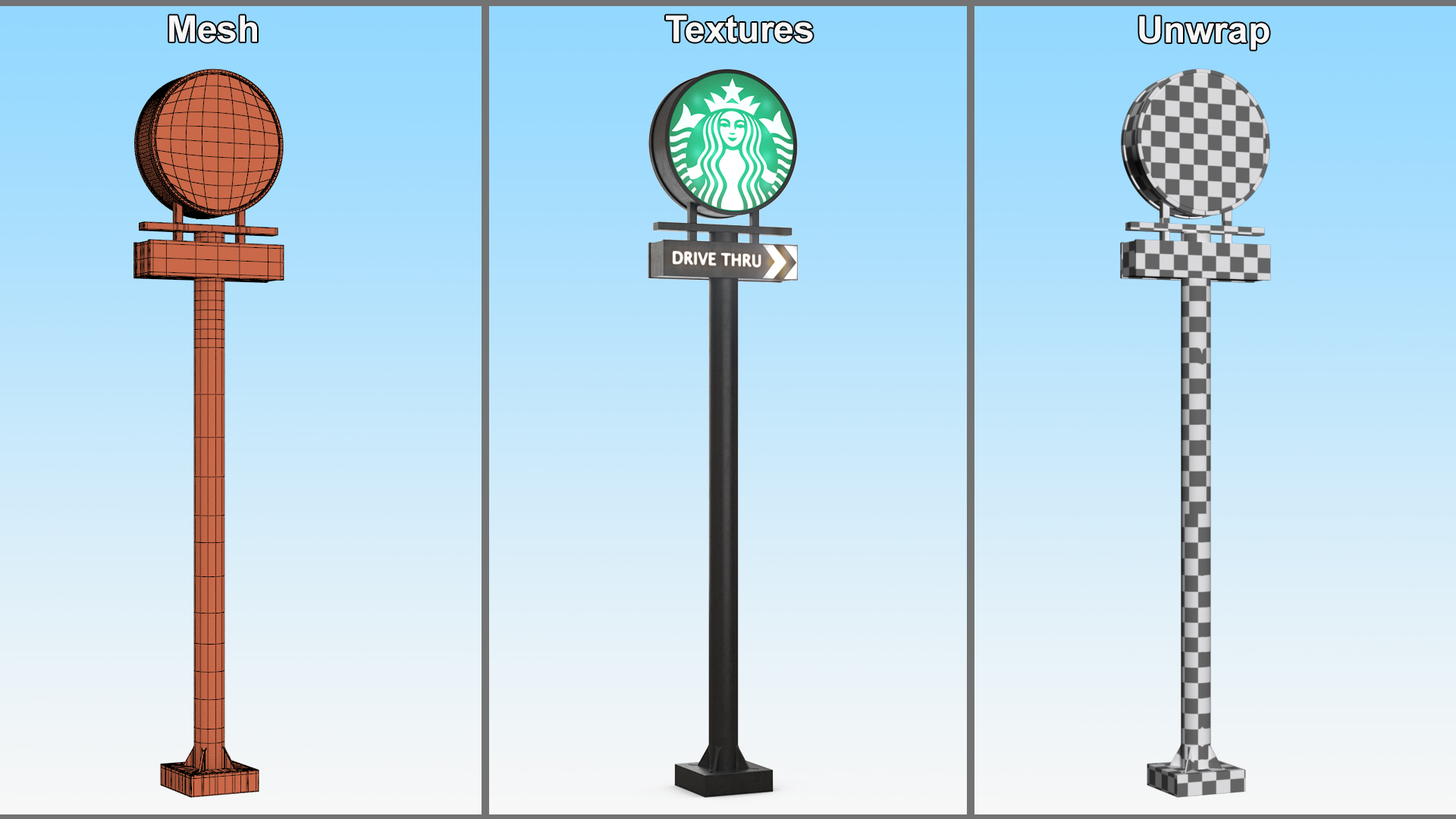 Tall Starbucks Drive Thru Signage Light On 3D