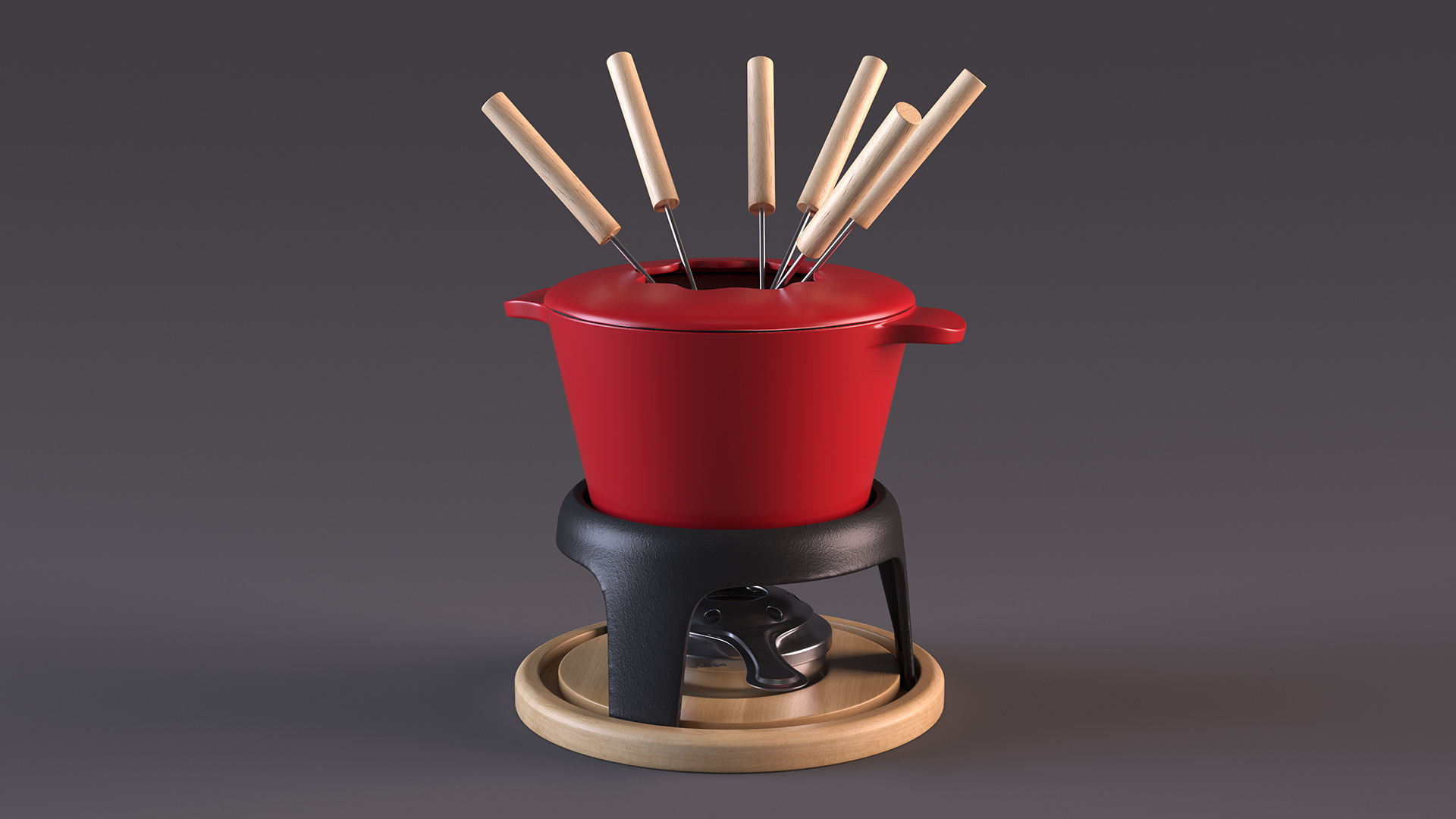 Red Cast Iron Fondue Set 3D model