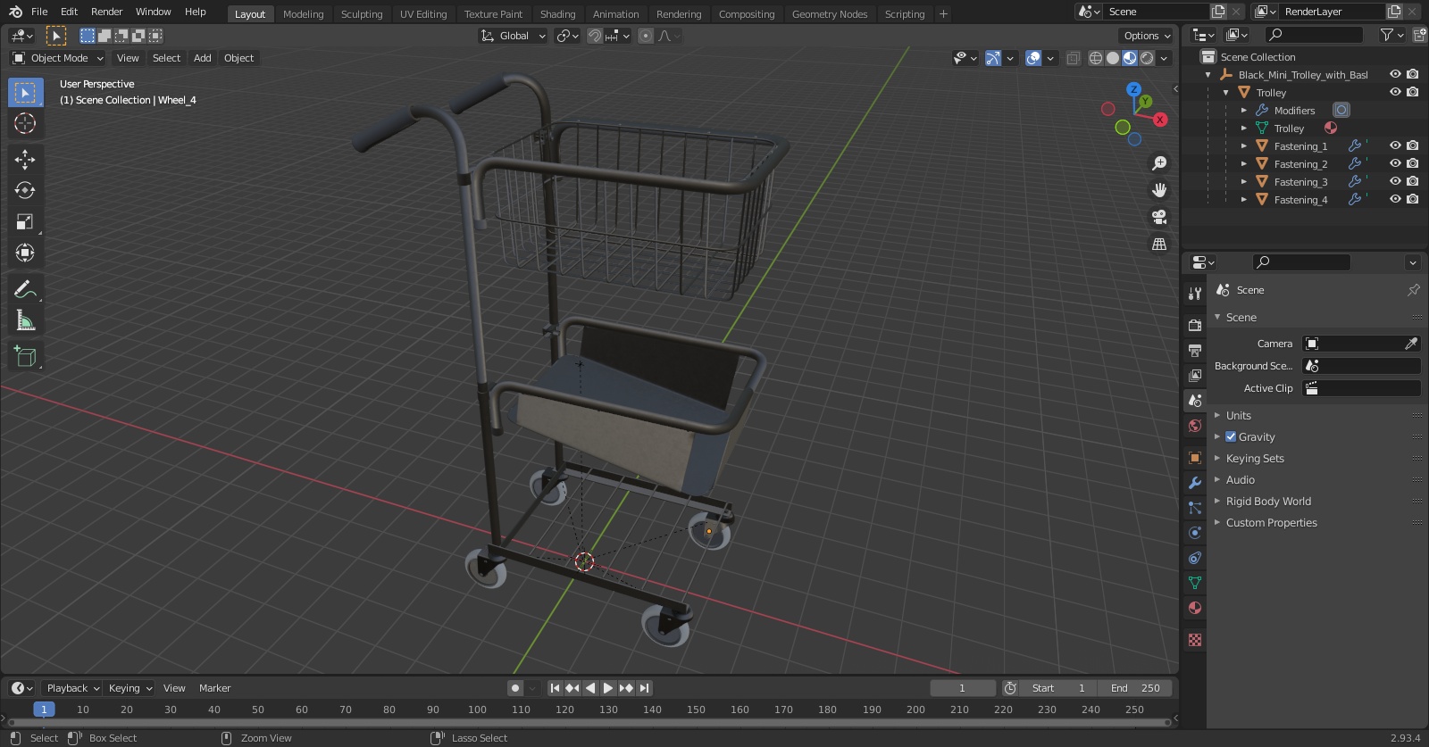 3D model Black Mini Trolley with Basket and File Shelf