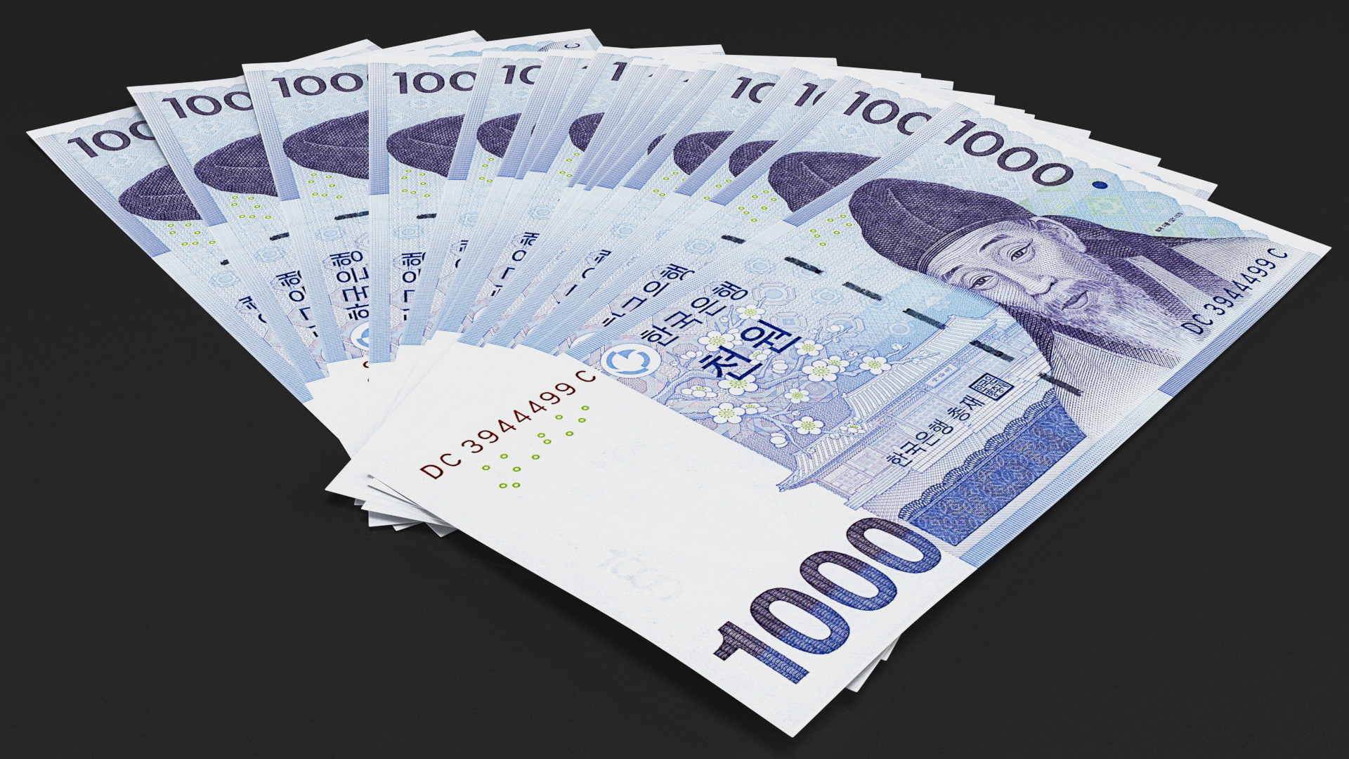 3D Fan of South Korean 1000 Won Banknotes model