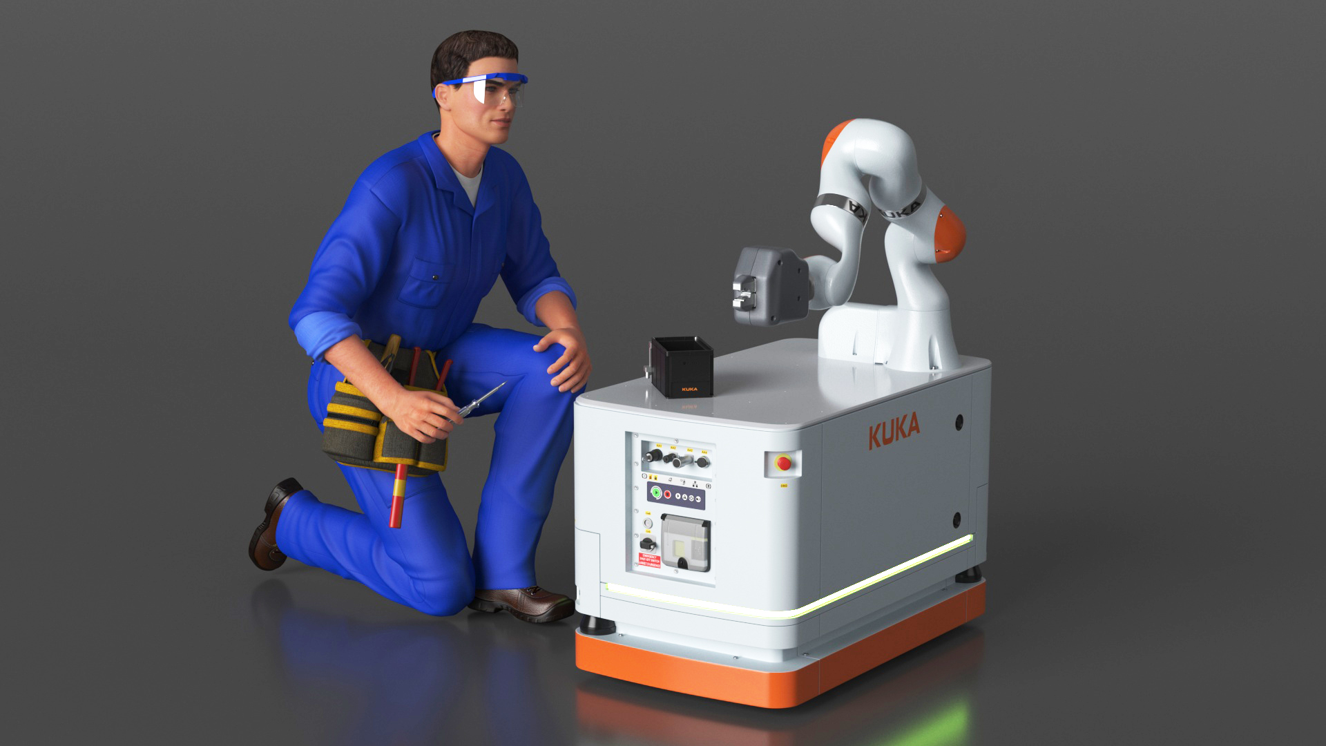 3D Engineer Repairing Robot KUKA KMR Iiwa model