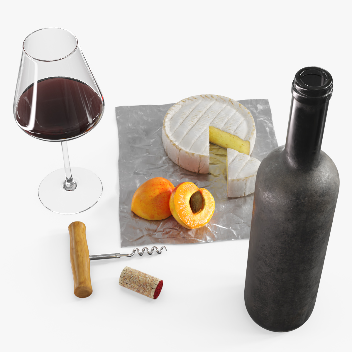 Wine Serving Set with Brie Cheese and Apricot Slices 3D model preview