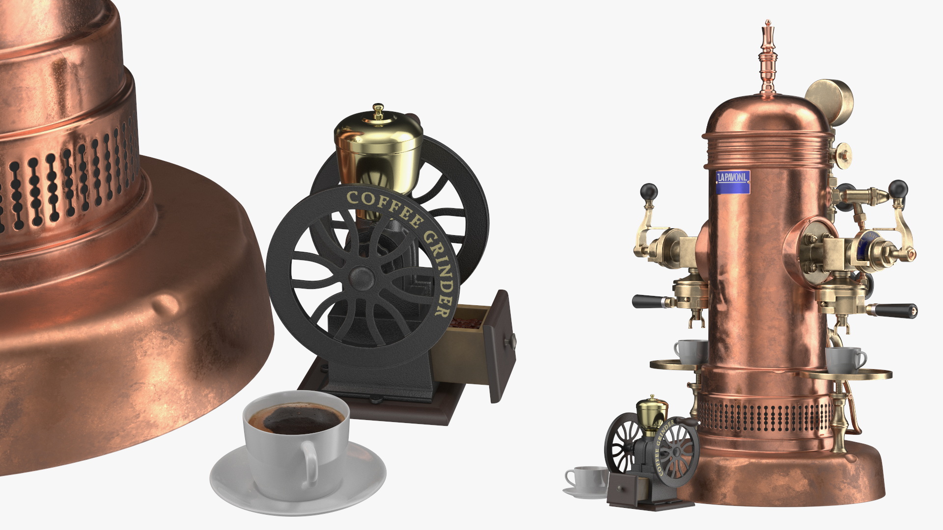 Vintage La Pavoni Espresso Machine and Coffee Grinder with Beans 3D model