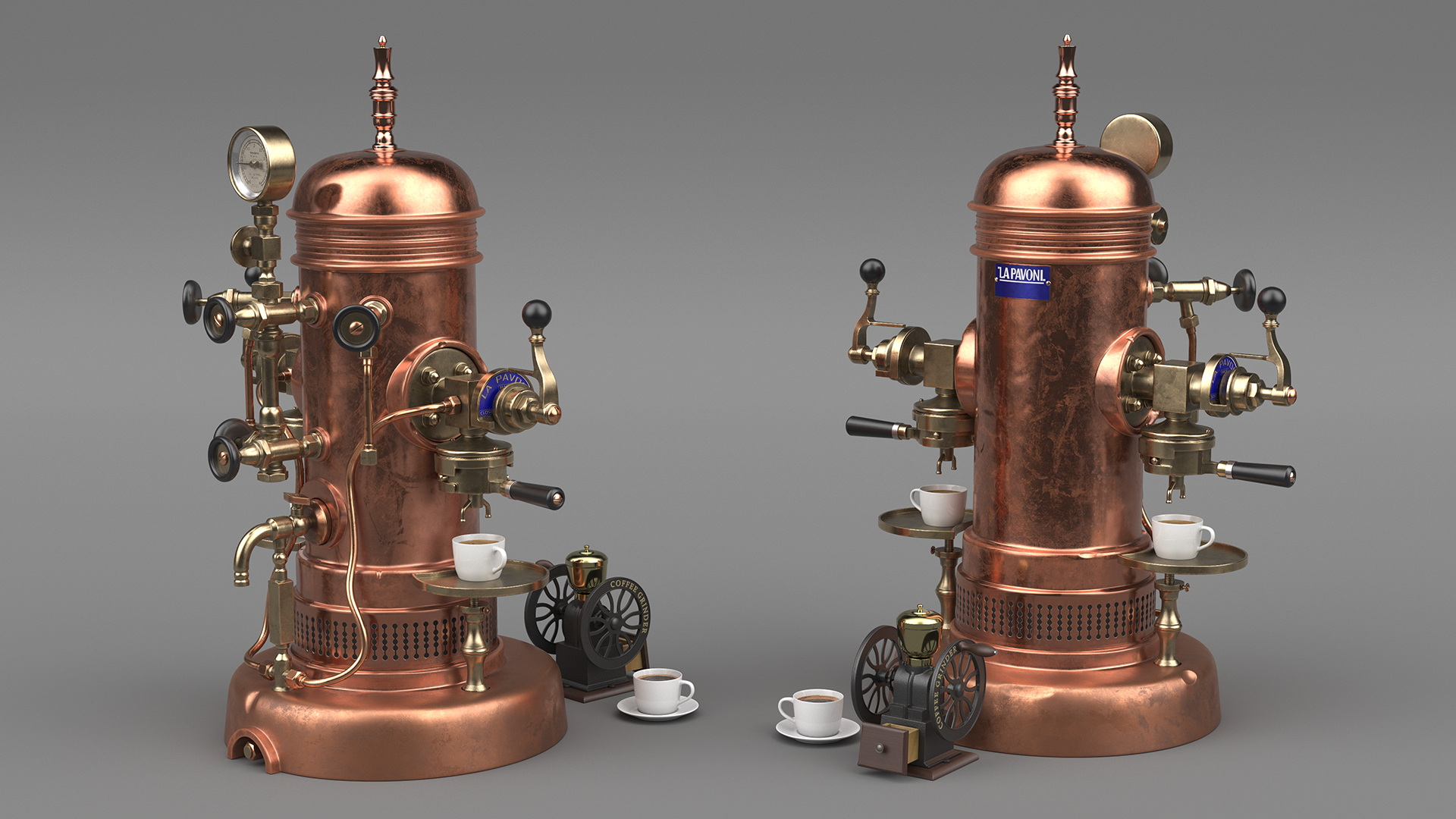 Vintage La Pavoni Espresso Machine and Coffee Grinder with Beans 3D model