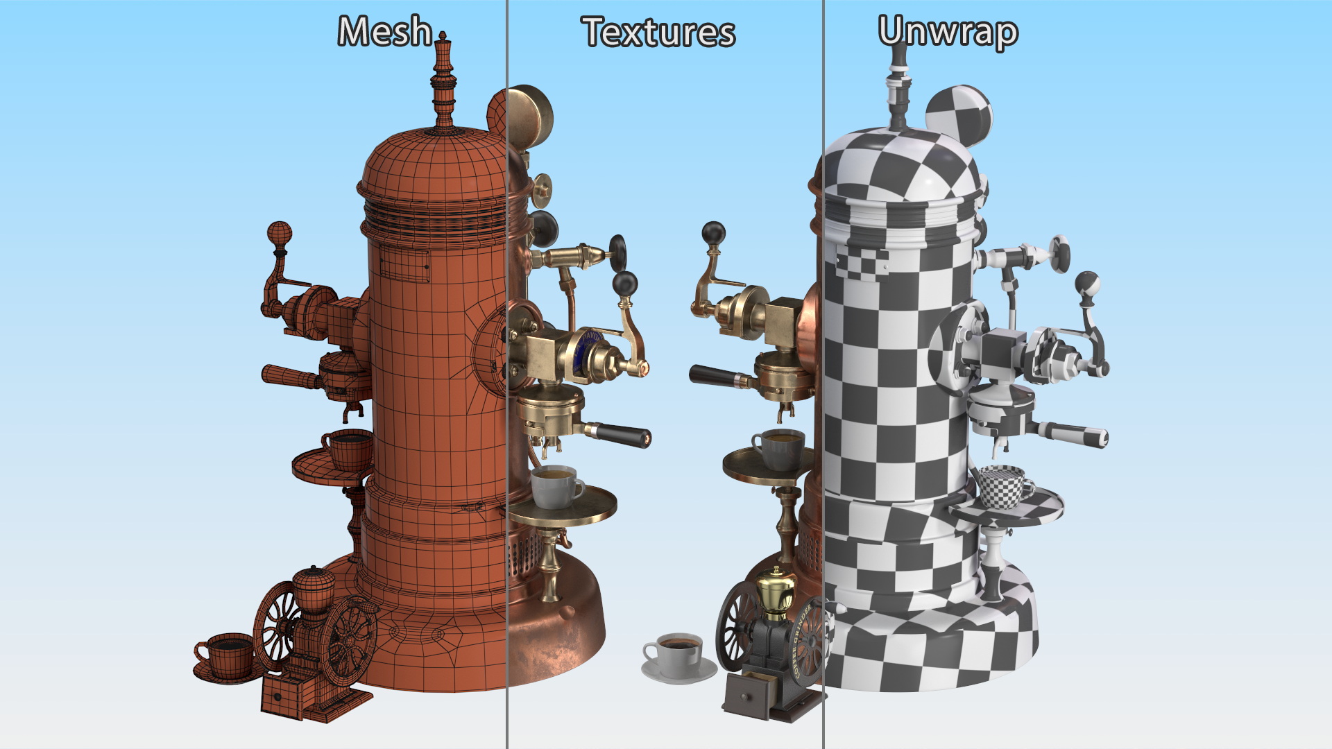 Vintage La Pavoni Espresso Machine and Coffee Grinder with Beans 3D model