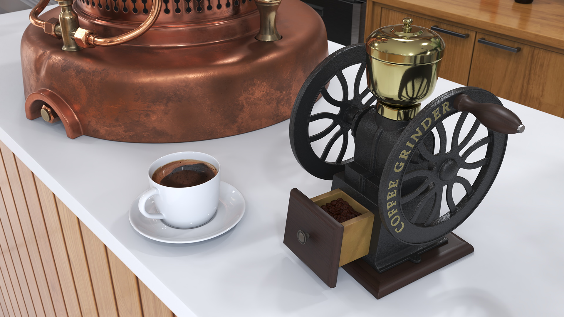 Vintage La Pavoni Espresso Machine and Coffee Grinder with Beans 3D model