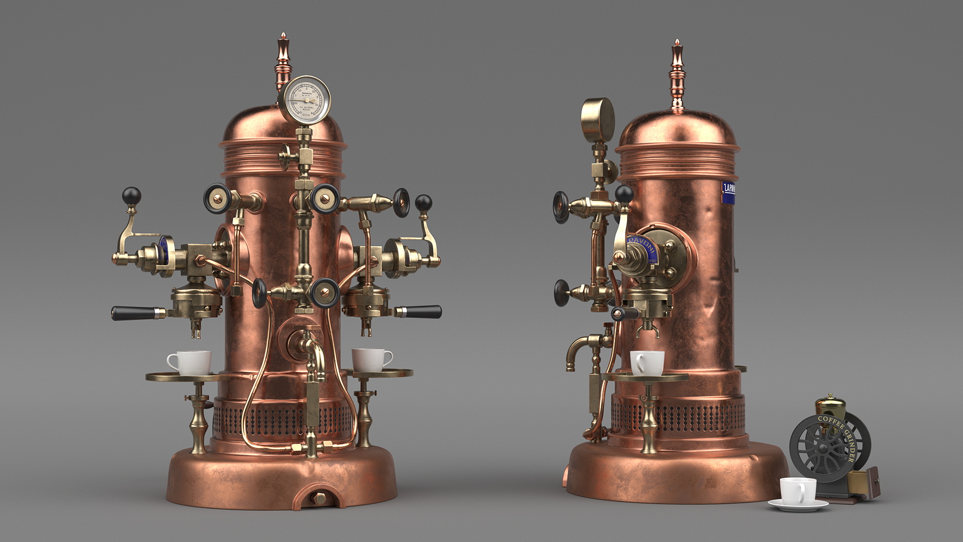 Vintage La Pavoni Espresso Machine and Coffee Grinder with Beans 3D model