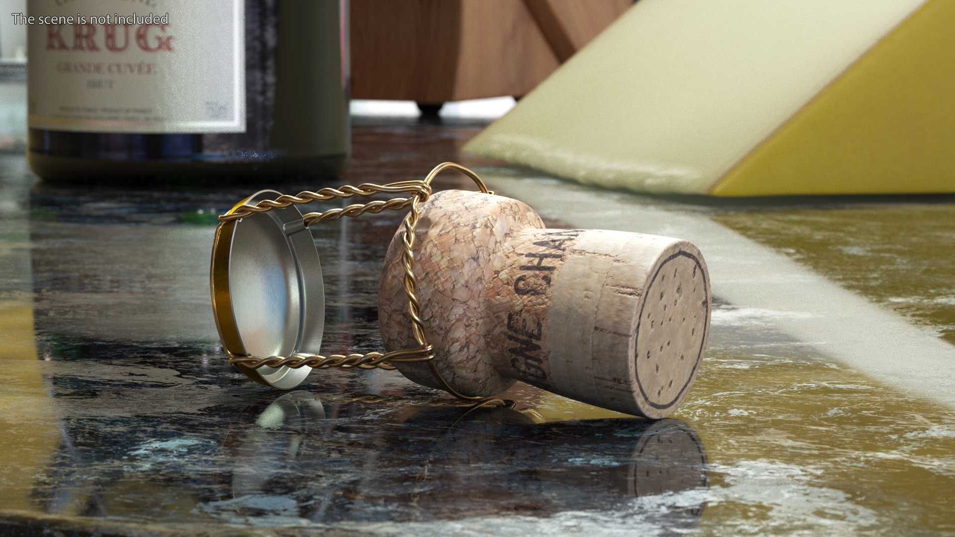 3D model Champagne Bottle Cork Lying Yellow Metal Wire