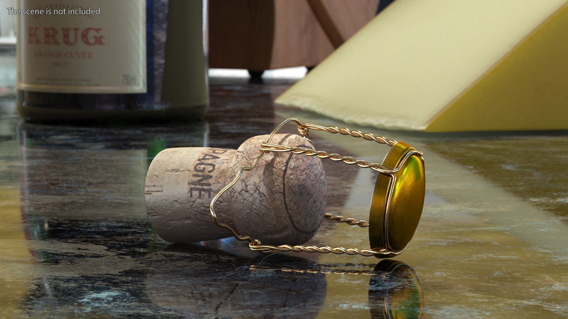 3D model Champagne Bottle Cork Lying Yellow Metal Wire