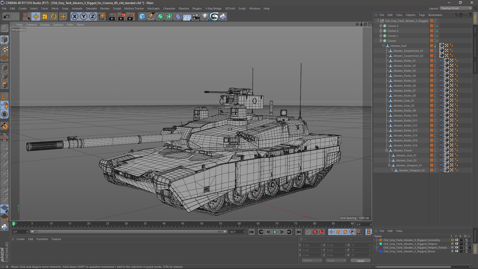 3D Old Grey Tank Abrams X Rigged for Cinema 4D model