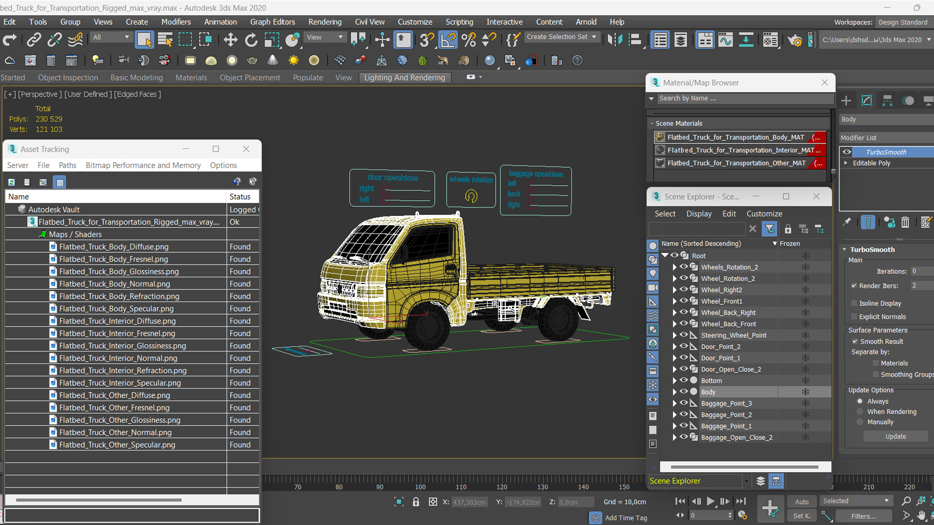 3D Flatbed Truck for Transportation Rigged for Cinema 4D model