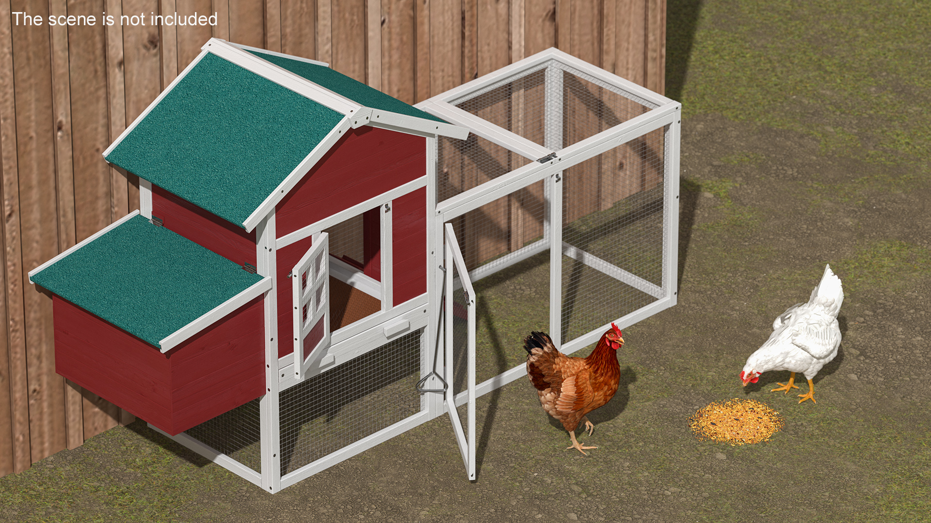 3D Red Small Chicken Coop with Chickens