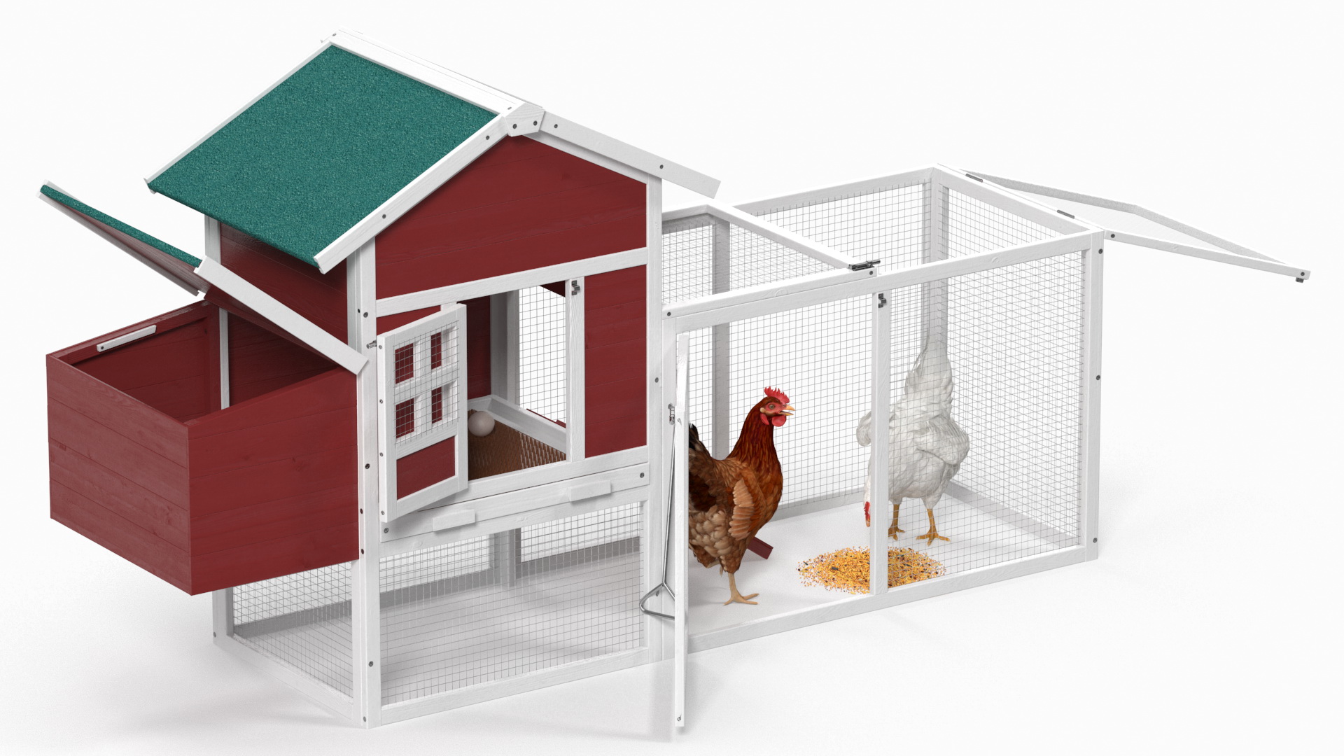 3D Red Small Chicken Coop with Chickens