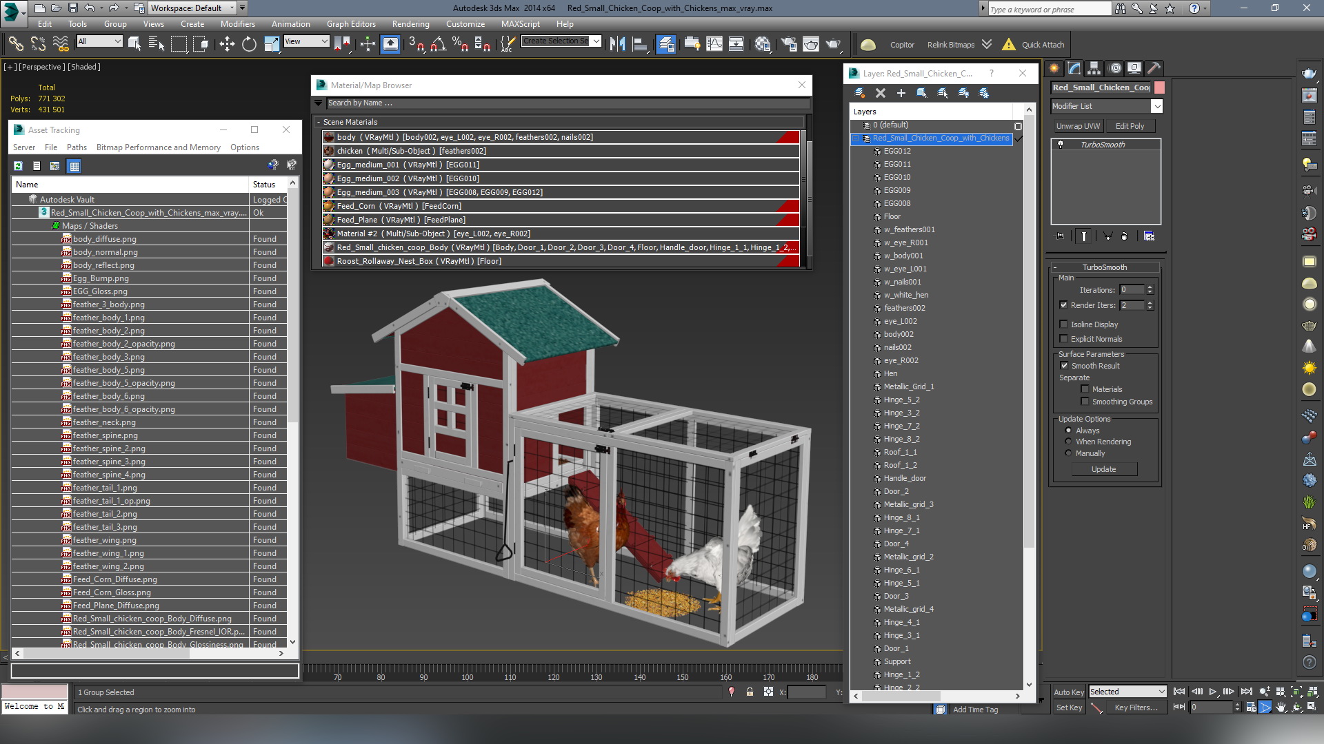 3D Red Small Chicken Coop with Chickens